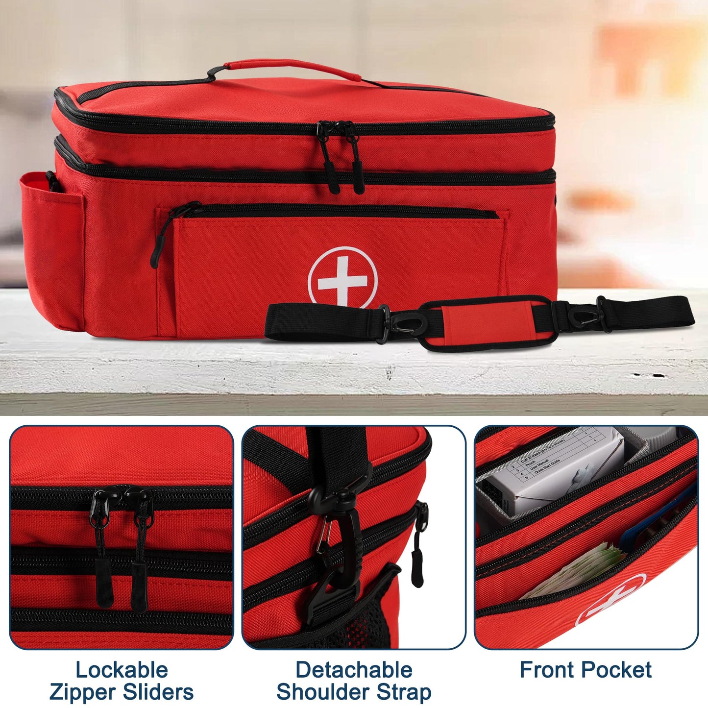 TGCUR Medicine Organizer and Storage Bag Empty, Family First Aid Box, Pill Bottle Organizer Bag for Emergency Medication, Supplements or Medical Kits, Zippered Medicine Bag for Home and Travel (Red)