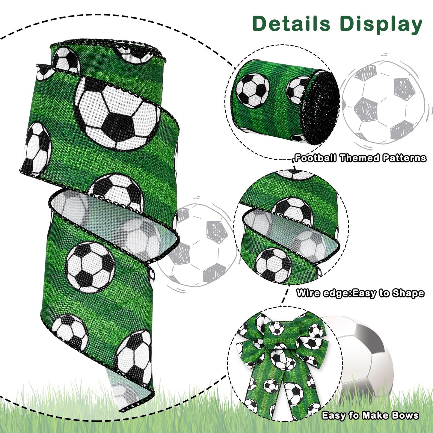 Soccer Wired Edge Ribbon 2.5 Inch Green Black White Craft Ribbon Sport Ball Fabric Ribbons for Sport Events DIY Bow Wreath Wrapping Supplies, 20 Yards, 2 Rolls