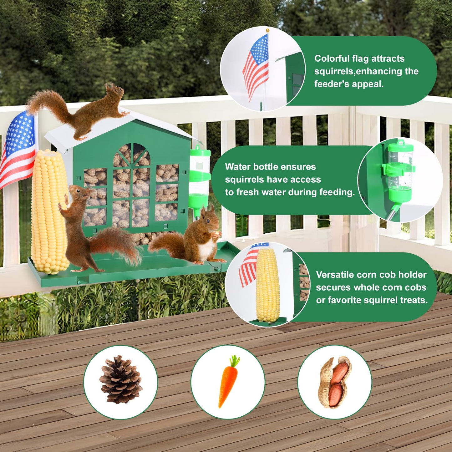 Squirrel Feeder,Metal Squirrel Feeder for Outside,with Water Bottle, Flag and Corn Cobs Holder,Outdoors Chipmunk &Squirrel Picnic Bench Feeders Table,Easy to Install & Refill