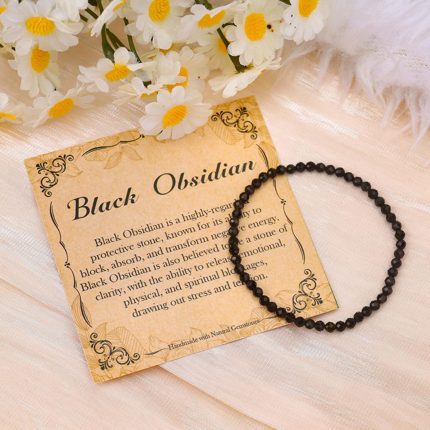 BONNY BOXX Natural Genuine Gemstone Faceted Round Beads Bracelets, 3mm Adjustable Stretchy Tiny Faceted Black Obsidian Bracelet, Healing Crystal Reiki Chakra Dainty Jewelry Fashion Gifts