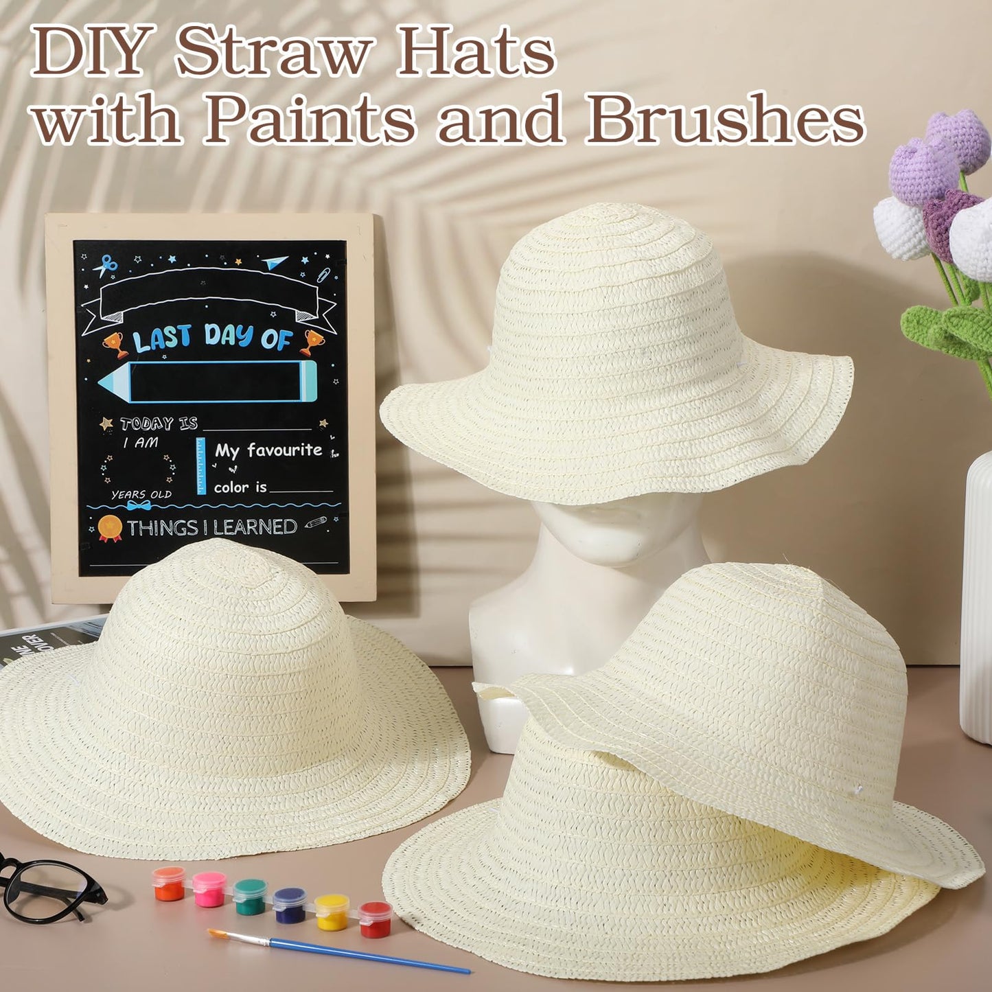 Chicingyou 6 Set DIY Straw Hat Set DIY Tea Party Hats Handmade Cap with Paints Brushes Craft Art Painting Cap Tea Party Supplies Mexican Arts Crafts Gifts for Adults Women Men (Classic Style)