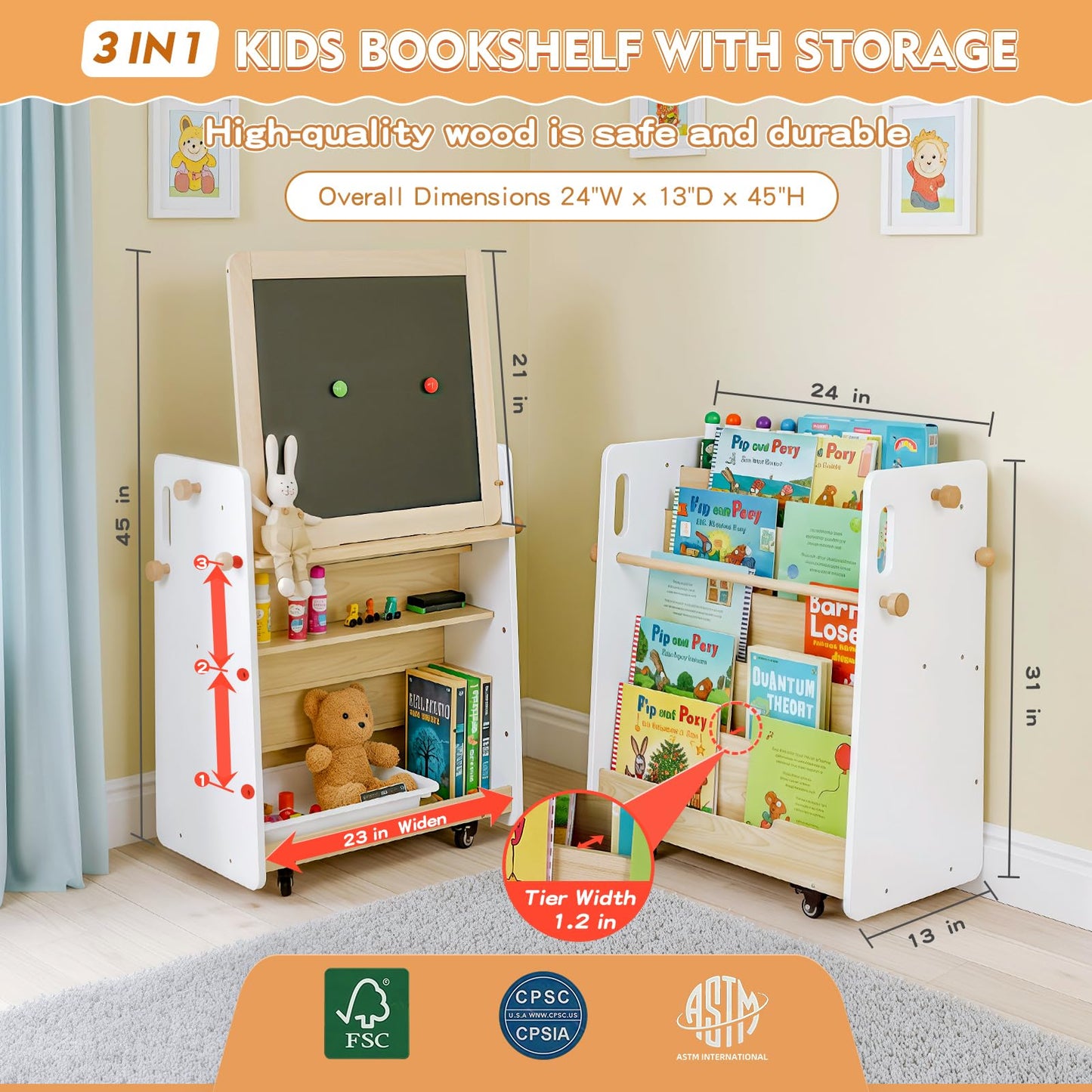 Kids Bookshelf & Easel & Toys Storage Organizer with Wheels, 3-in-1 Wooden Art Easels with Chalkboard & Whiteboard for Toddlers, 5-Tier Montessori Book Shelf for Kids Rooms, Bedroom, Nursery, Playroom