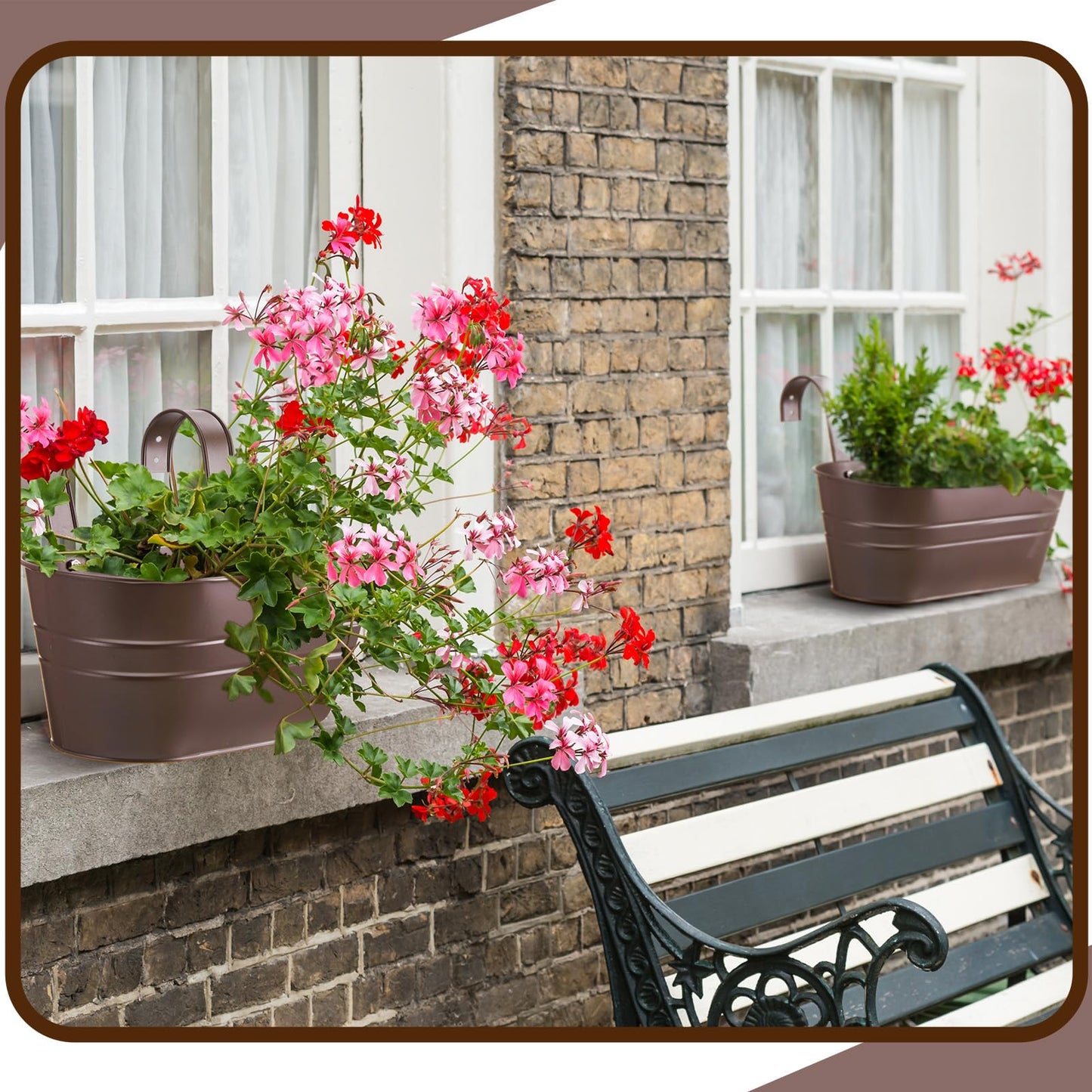 Hicarer 4 Pcs Metal Hanging Flower Pots for Railing Fence, 10.6 Inch Hanging Rail Planters for Outdoor Window Balcony Plants Holder with Hooks for Garden Yard Home Decor (Chocolate)