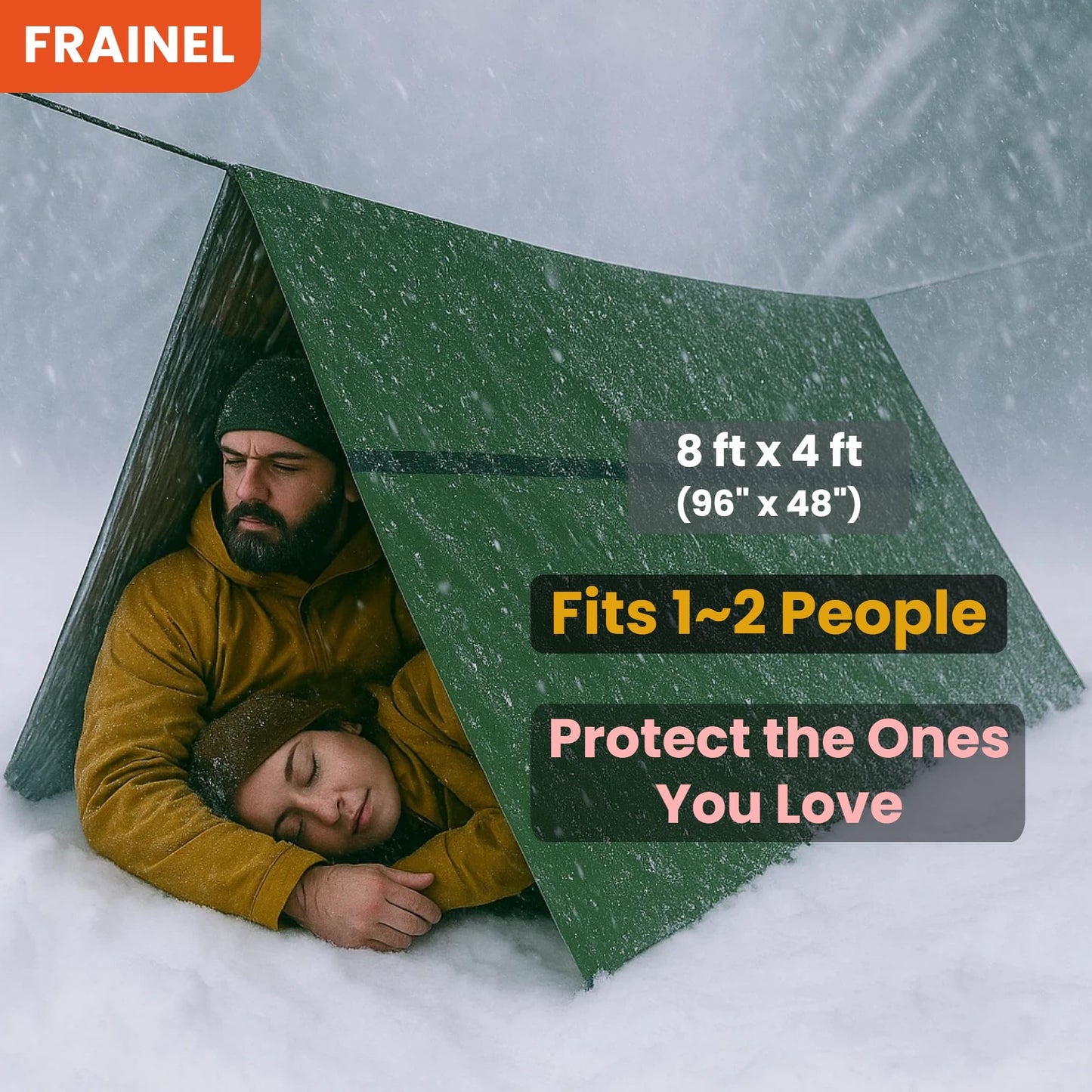 FRAINEL Pocket Emergency Survival Tent. Snow Life Thermal Shelter. Tube Tarp. Army Green Tough Guy Style. Storage Bag with Whistle and Paracord. for Camping, Hiking, Outdoor, Vehicle First Aid Kit