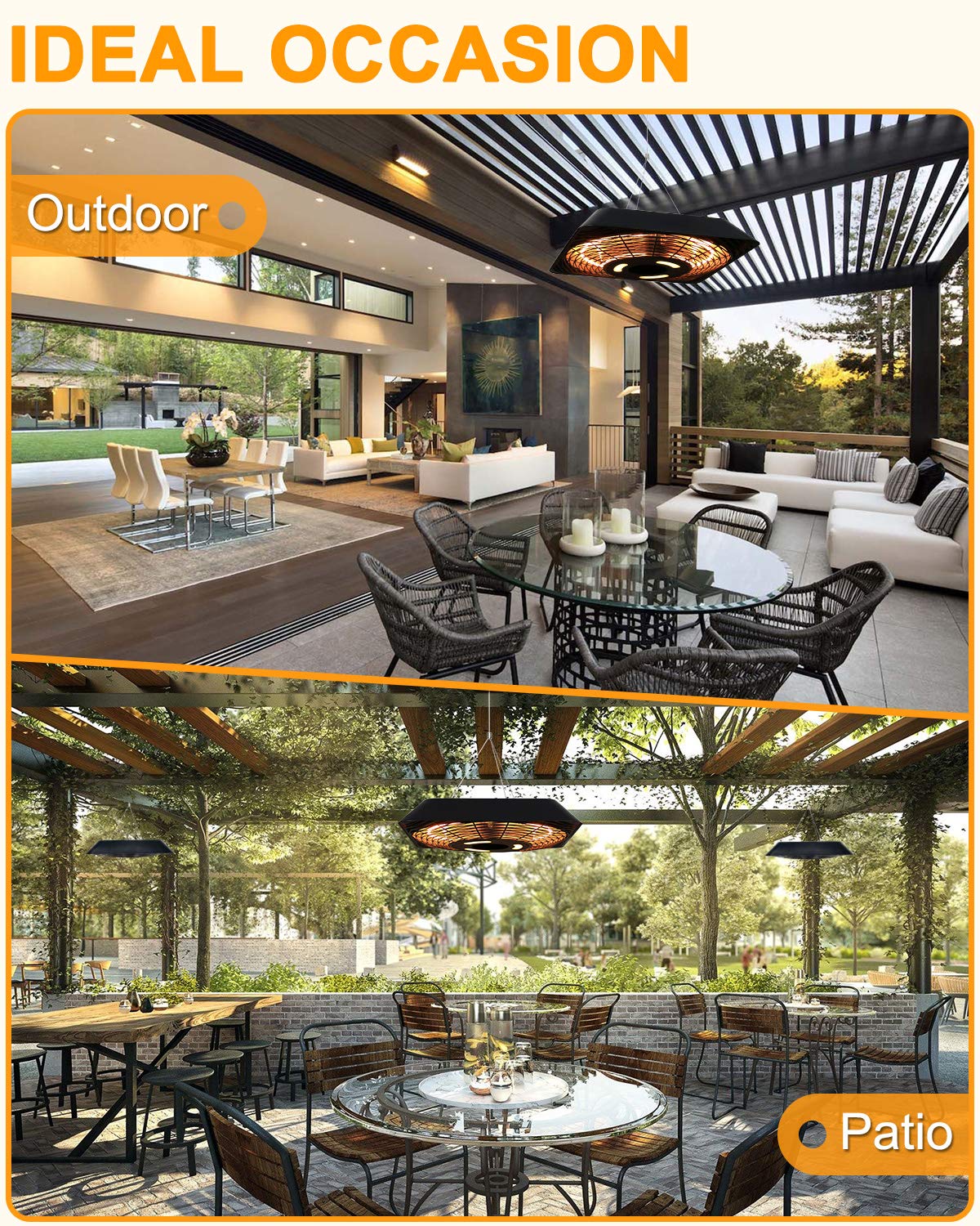 Star Patio Electric Patio Heater, Outdoor Heater with Remote and Touch Switch, 750W/1500W Infrared Hanging Heaters with SQUARE SHAPE Black Finish, IP45 Waterproof, STP1568-RMLED-SQN2025
