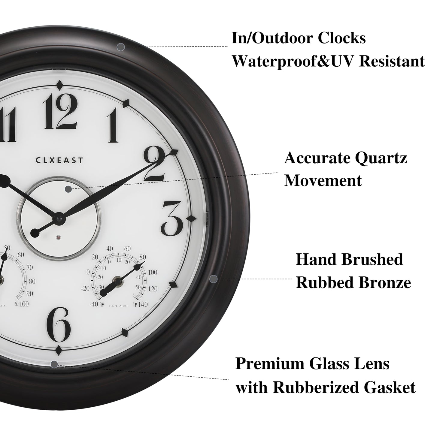 CLXEAST Illuminated Indoor Outdoor Clocks Waterproof 18 inch with Smart Night Light Sensor,Large Wall Clock with Thermometer & Hygrometer,Oil Rubbed Bronze Black,Spring Outdoor Decor