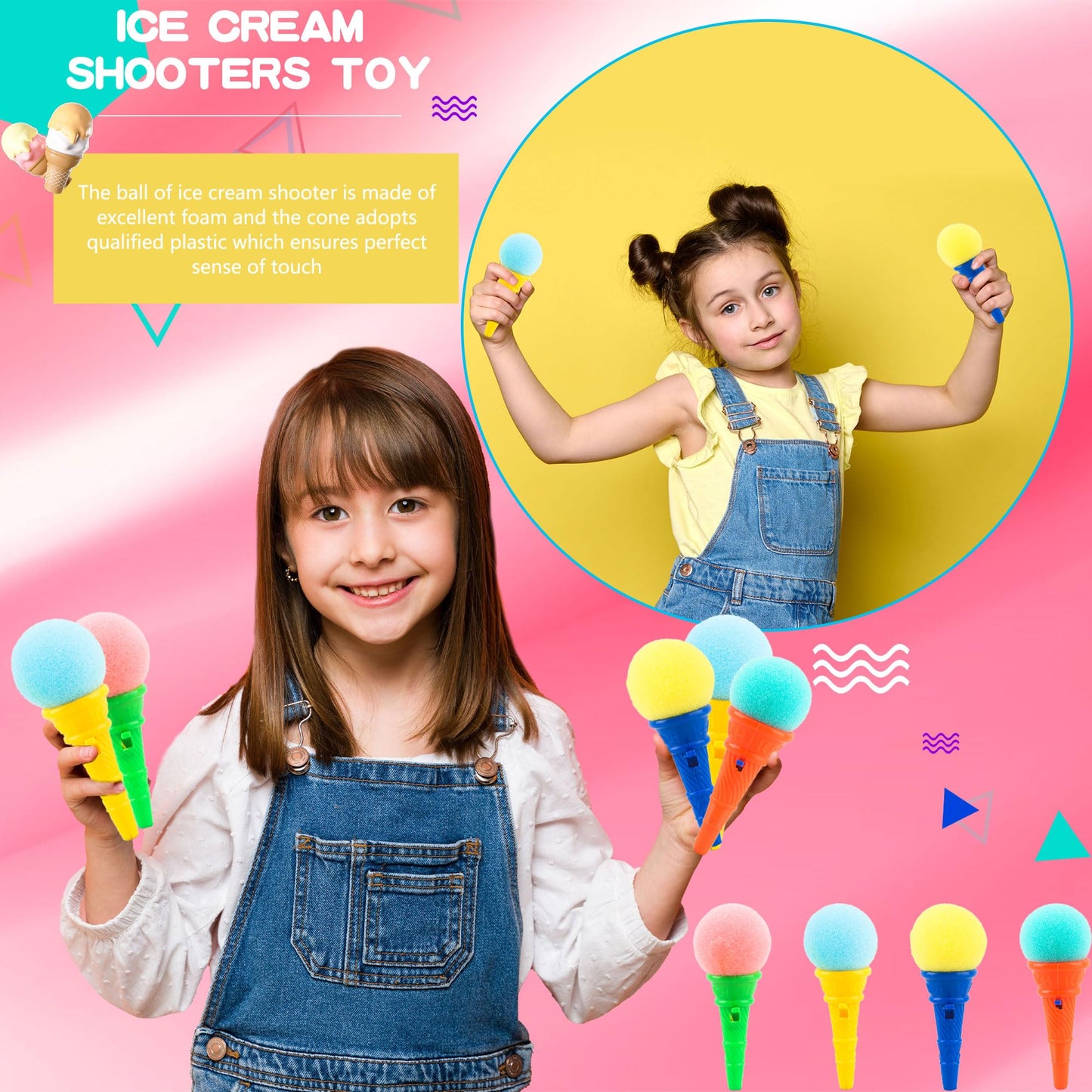 Cagemoga 40 Pcs Ice Cream Shooters Toy 4 Inch Ice Cream Cone Foam Ball Launcher Toy for Kids Birthday Party Favors Carnival Prizes Goody Bag Fillers