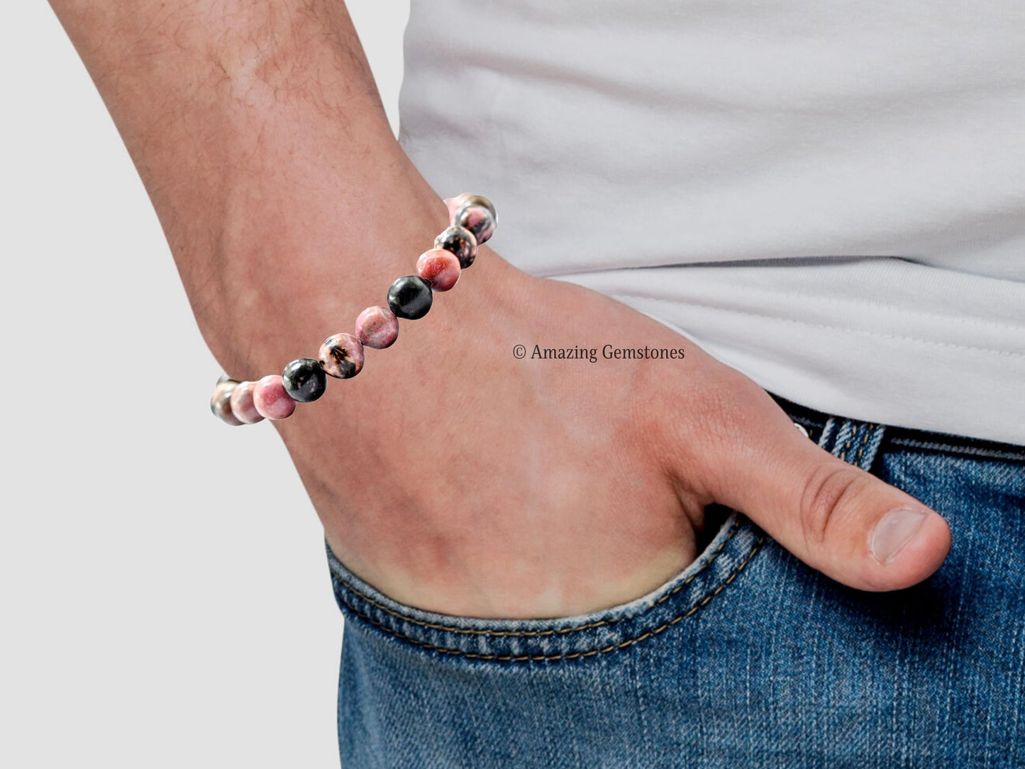 Amazing Gemstone Crystal Bracelet for Women Men's Gifts - Protection Healing Crystal Bracelet - 8mm Gemstone Beaded Stretchable Bracelet Pulseras Para Hombres Mujer Stocking Stuffers Mothers Day Gift (Rhodonite with Black Matrix)