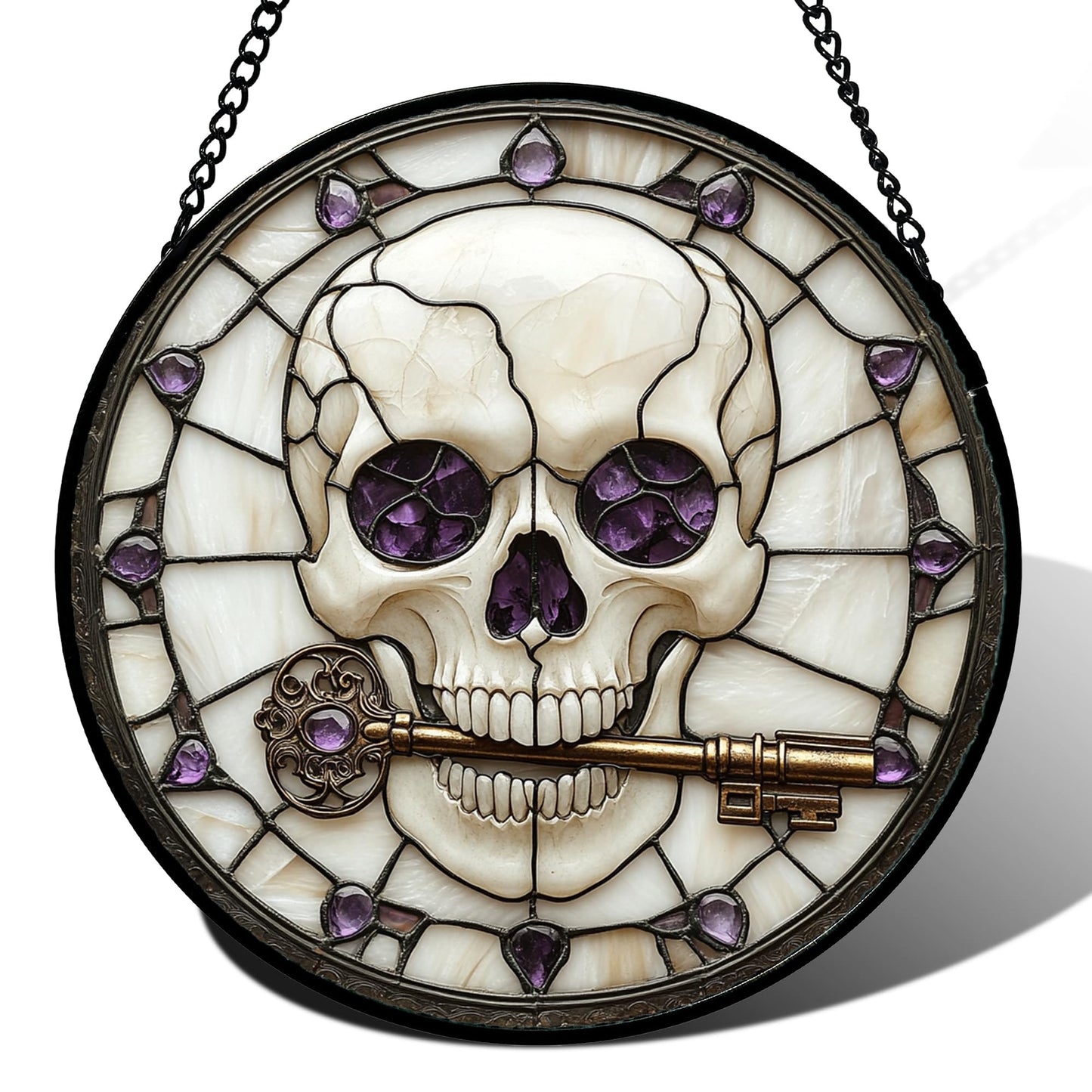CRISGIF Stained Glass Window Hanging - Halloween Scary Skull Suncatcher for Doors Garden Home Spooky Purple Skeleton Key Sun Catchers Gothic Decor Horror Gifts for Women Men Friend Boy Girl 6.3 in