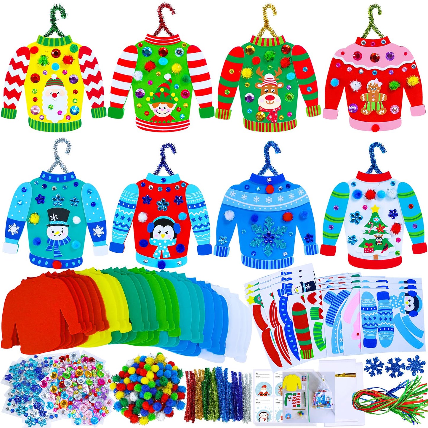 Winlyn 24 Sets Christmas Craft Kits Winter Crafts DIY Ugly Sweater Ornaments Decorations Festive Foam Stickers Christmas Arts and Crafts for Kids Holiday Home Classroom Art Activities Party Favors
