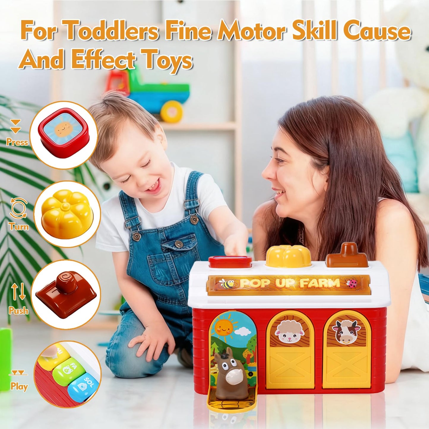Interactive Pop up Farm Animal Toys with Music & Light & Piano, Montessori Cause and Effect Toys for 1 Year Old Boy, Toddler Early Learning Toys, Birthday Gifts for Baby Infant Toy 12-18 Months