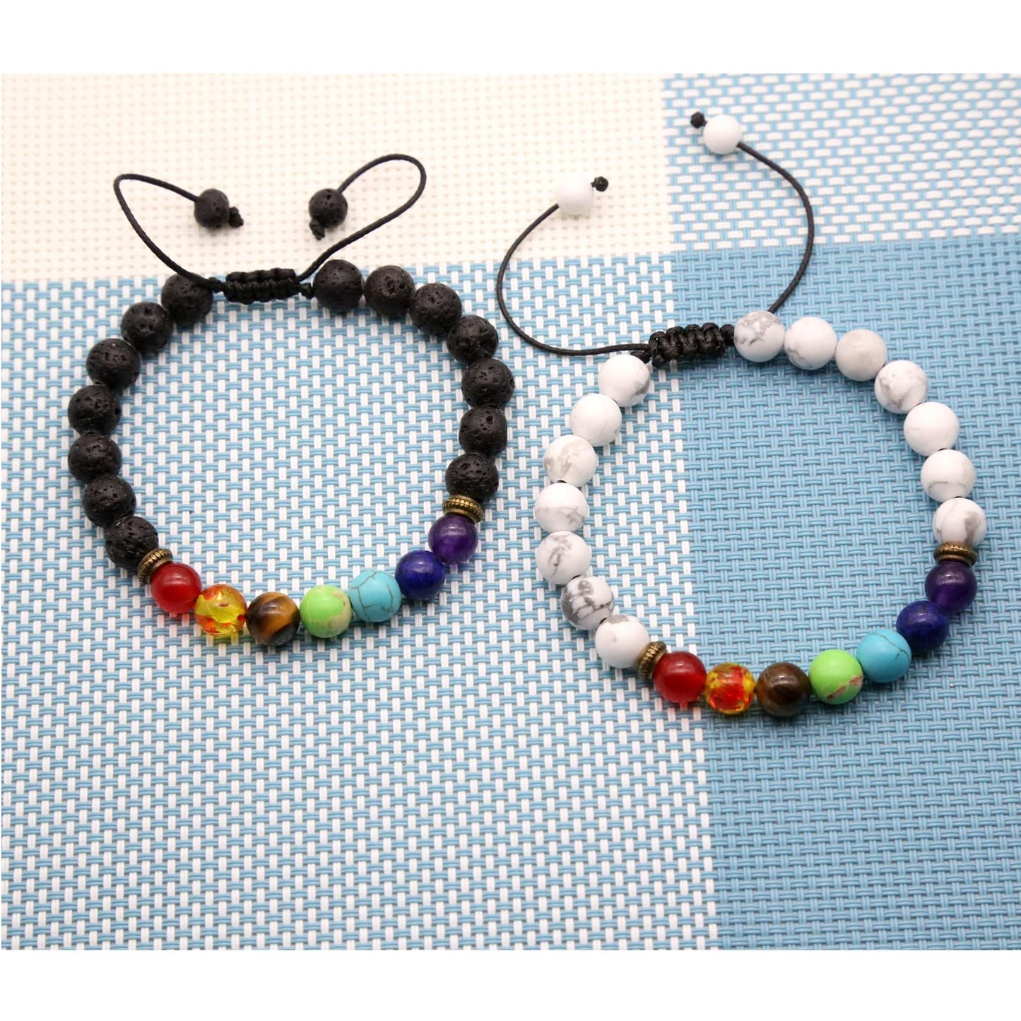 HEDQFM 2 PCS Chakra Bracelets Lava Rock Stone Aromatherapy Essential Oil Diffuser Adjustable Woven Bracelet and Elastic Rope Bracelet for Men and Women