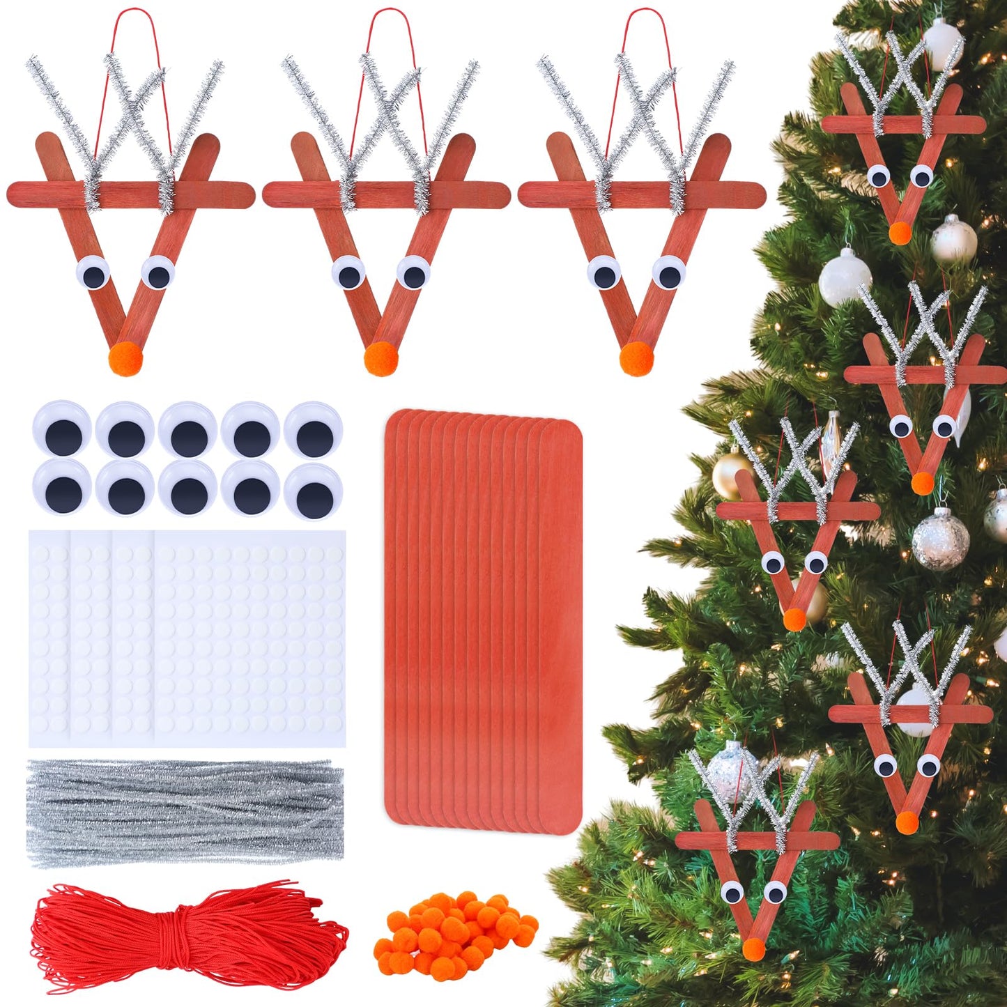 Soulchen 48 Sets Christmas Reindeer Ornaments Crafts Kits DIY Craft Sticks for Kids Make Your Own Reindeer Christmas Hanging Tree Wooden Ornaments Art for Holiday Activities Xmas Decoration