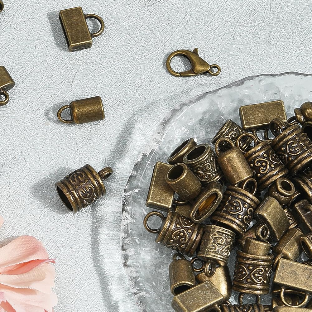 SUNNYCLUE 1 Box 230pcs Cord End Caps Kit Kumihimo Ends Alloy Metal Tibetan Style Antique Bronze Tassel Glue in Crimp Leather End Caps for Jewelry Making Kit Bracelet Kumihimo Supplies Gifts Craftings