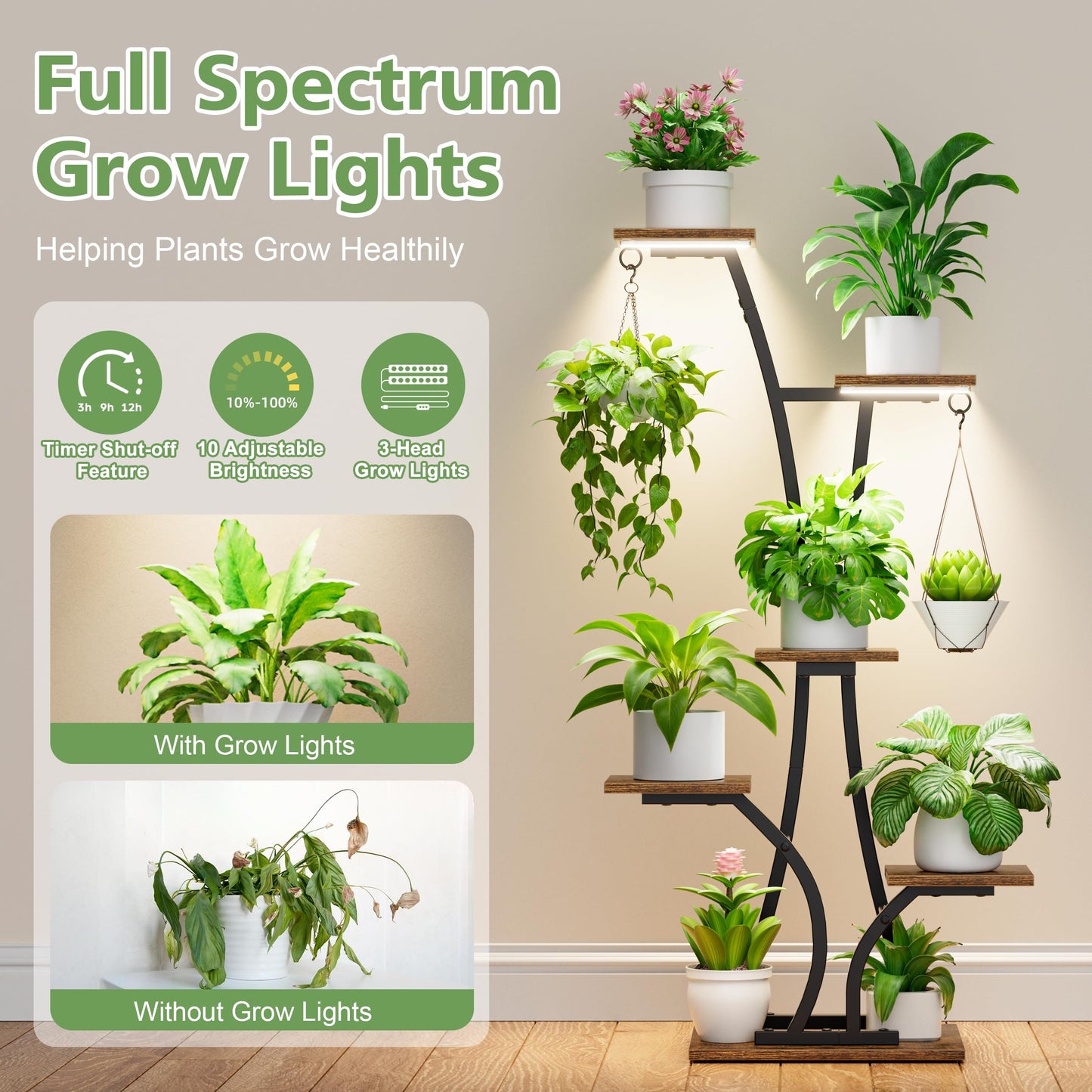 MOSTWOGO Plant Stand with Grow Light for Indoor Plants, 6 Tiered Metal Plant Shelf, 45" Indoor Plant Rack with 7 Shelves and 2 Hooks, Modern Corner Plant Holder for Living Room Balcony Bedroom, Black