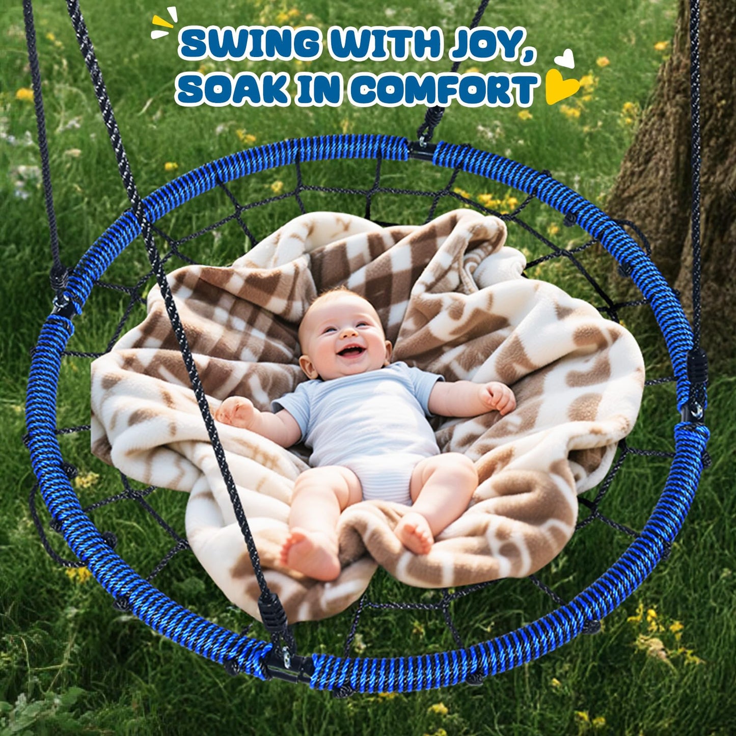 Trekassy 750lbs 40" Spider Web Saucer Tree Swing for Kids Adults, Outdoor Net Swing with Steel Frame and 2 Hanging Straps-Blue