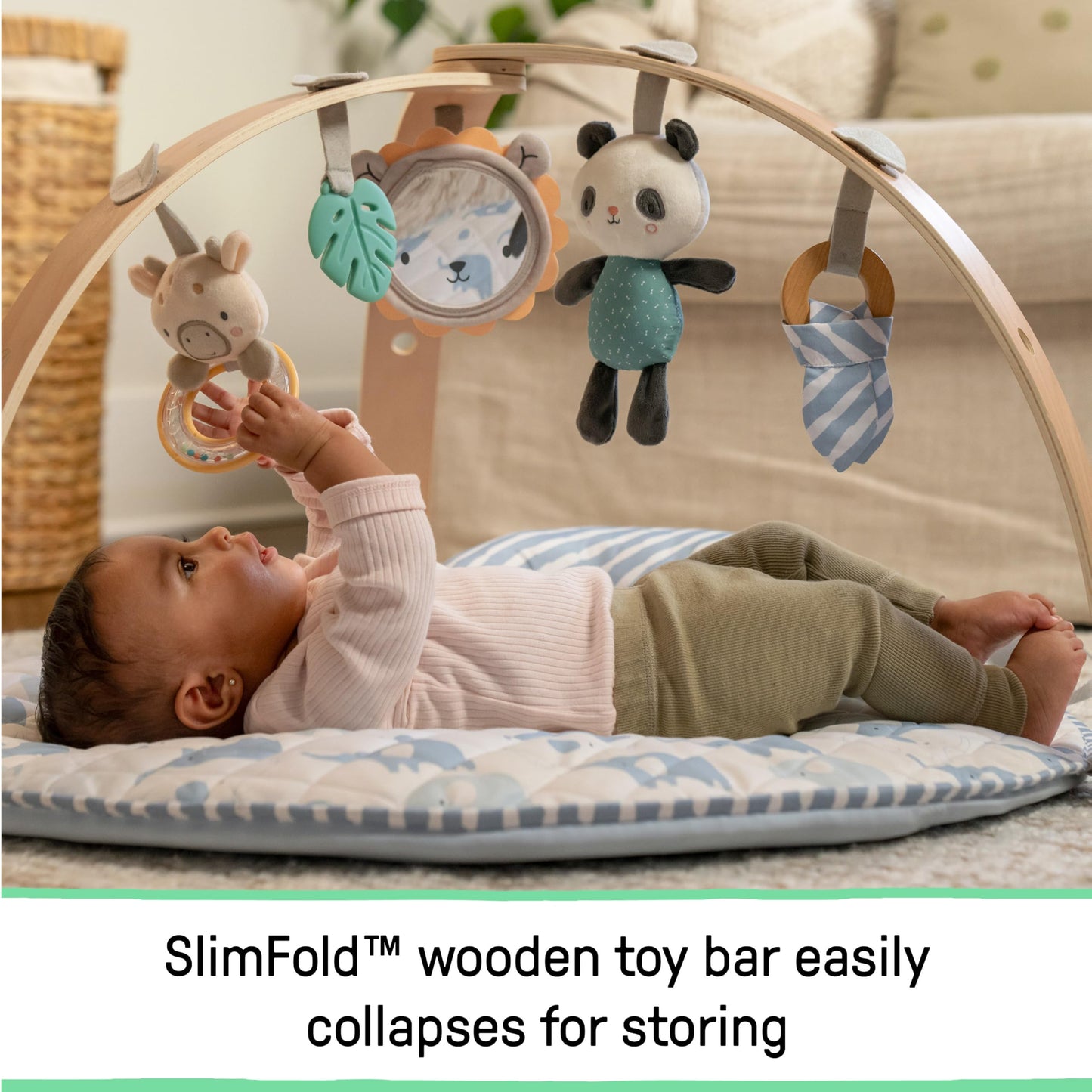 Ingenuity Cozy Spot Reversible Duvet Baby Play Gym & Play Mat with Wooden Toy bar - Elephant March (Neutral Safari), Newborn and up