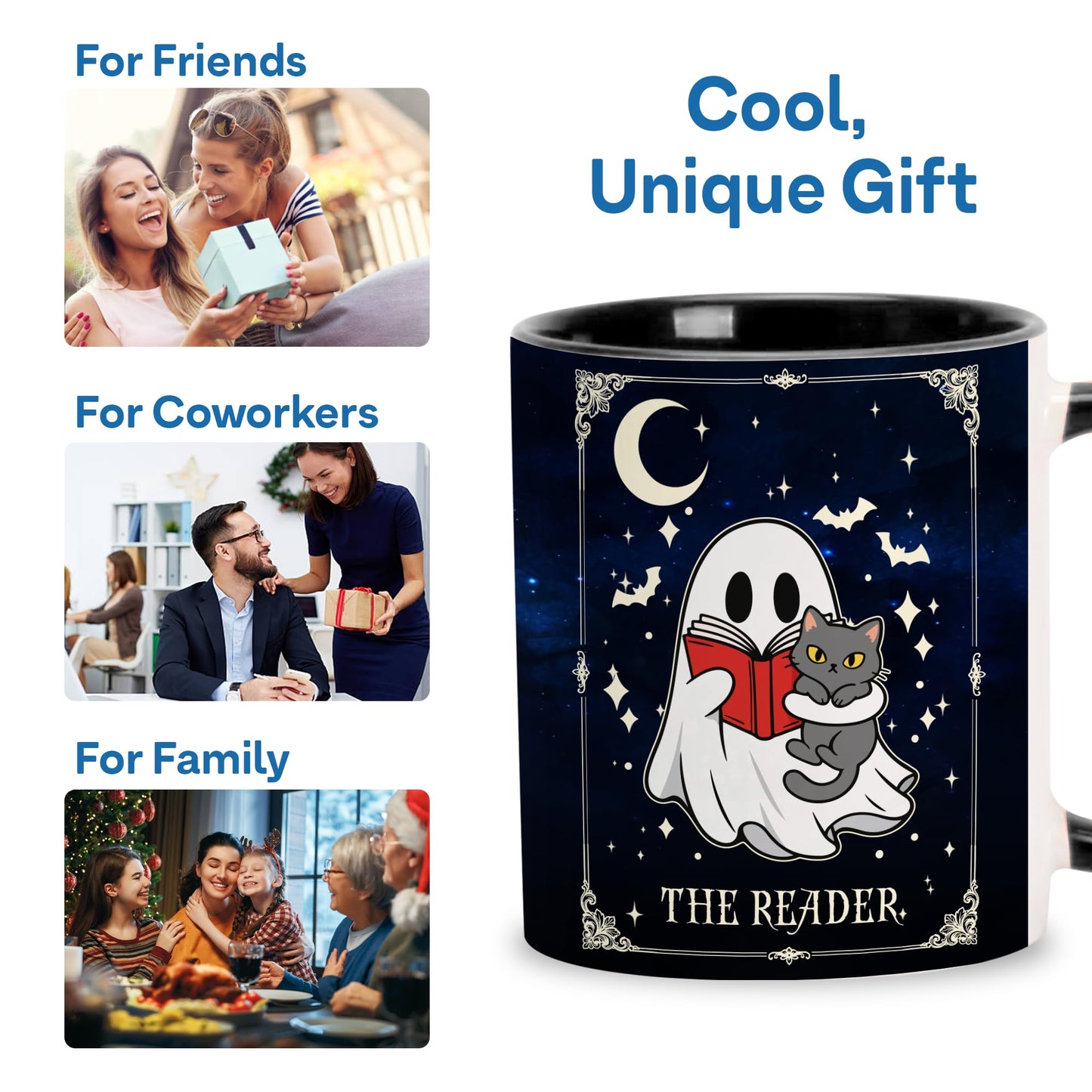 Hyturtle Cute Ghost Reading Coffee Mug with Spoon Gifts on Halloween Birthday, Funny Ghost with Cat Tarot Gifts, Book Lover Presents, Bookish Decor for Readers, Book Club Gift 11oz Ceramic Tea Cup