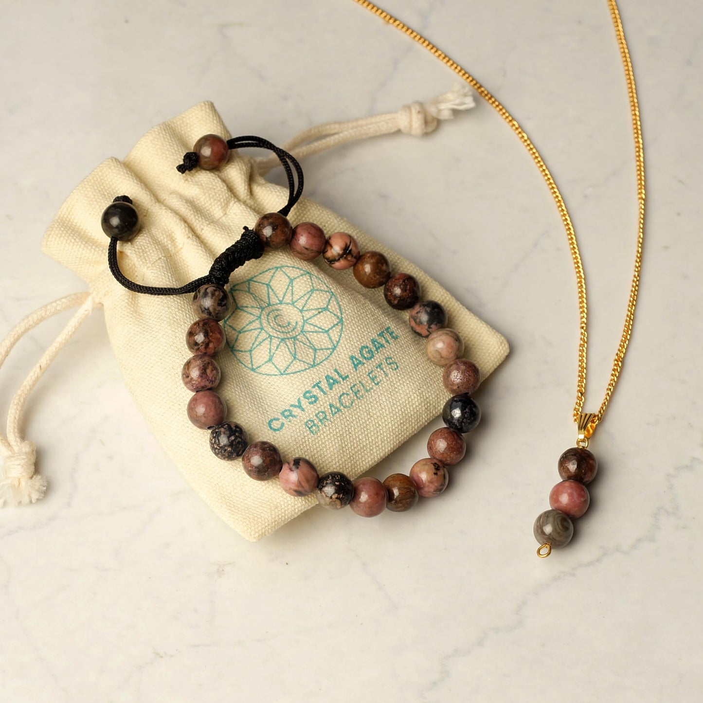 Rhodonite Bracelet & Pendant necklace - Natural Rhodonite Stone jewlery set handcrafted with 8 mm Beads, For Self-love and Self-acceptance - Free Size Unisex Adult