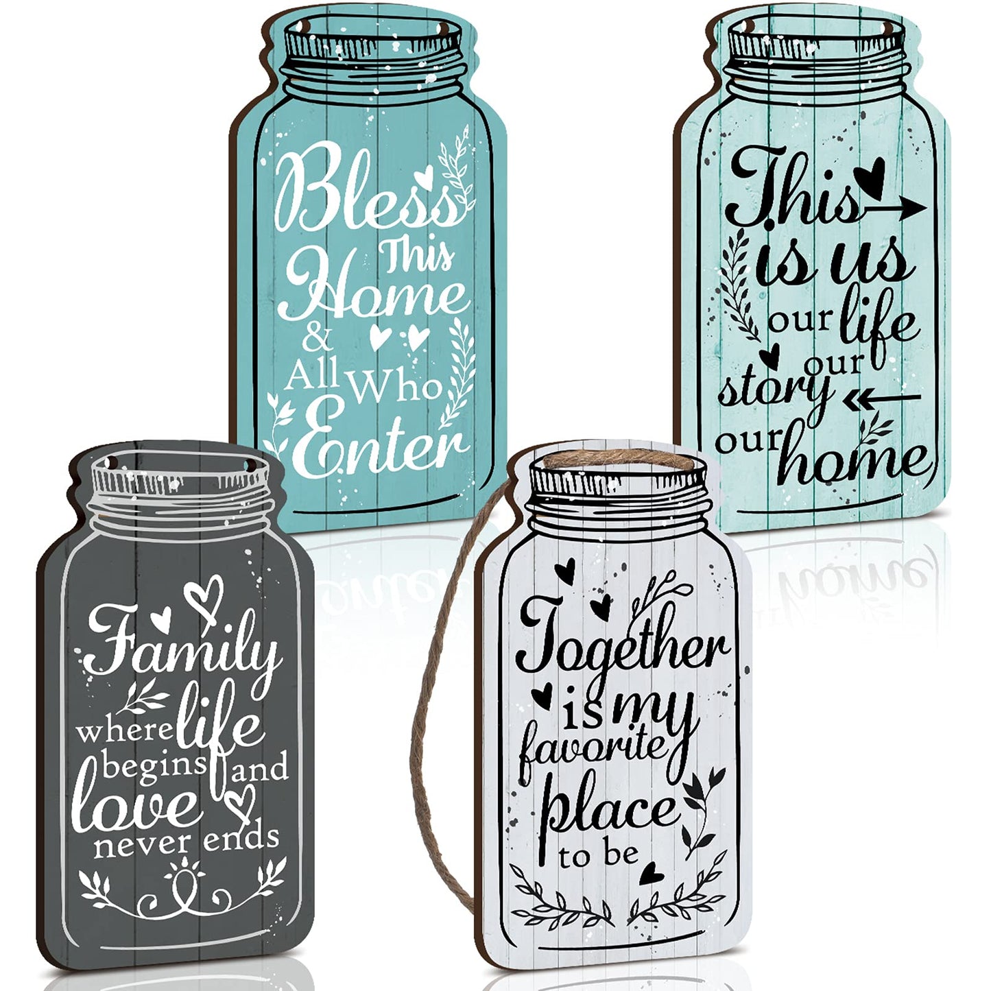 Jetec 4-Piece Mason Jar Wall Hanging Plaque Set - Rustic Farmhouse Decor Signs - Bless This Home, Family, Together, Love, Life, Home, Forever - Wooden Wall Mount - Approx. 8.3 x 4.5 x 0.24 Inches
