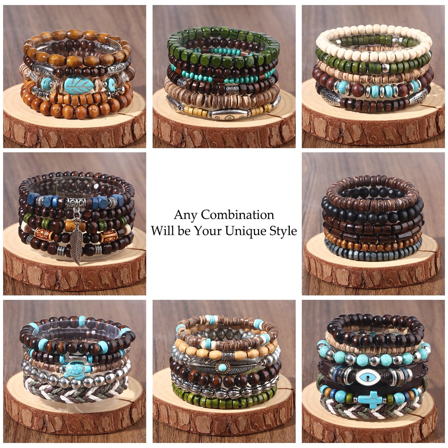 Giovanchi 44 PCS Beaded Bracelets for Mens Larger Size Women Adjustable Boho Punk Braided Wooden Bead Bracelet Bulk Wood Bangles Wristbands Meaningful Jewelry Gift