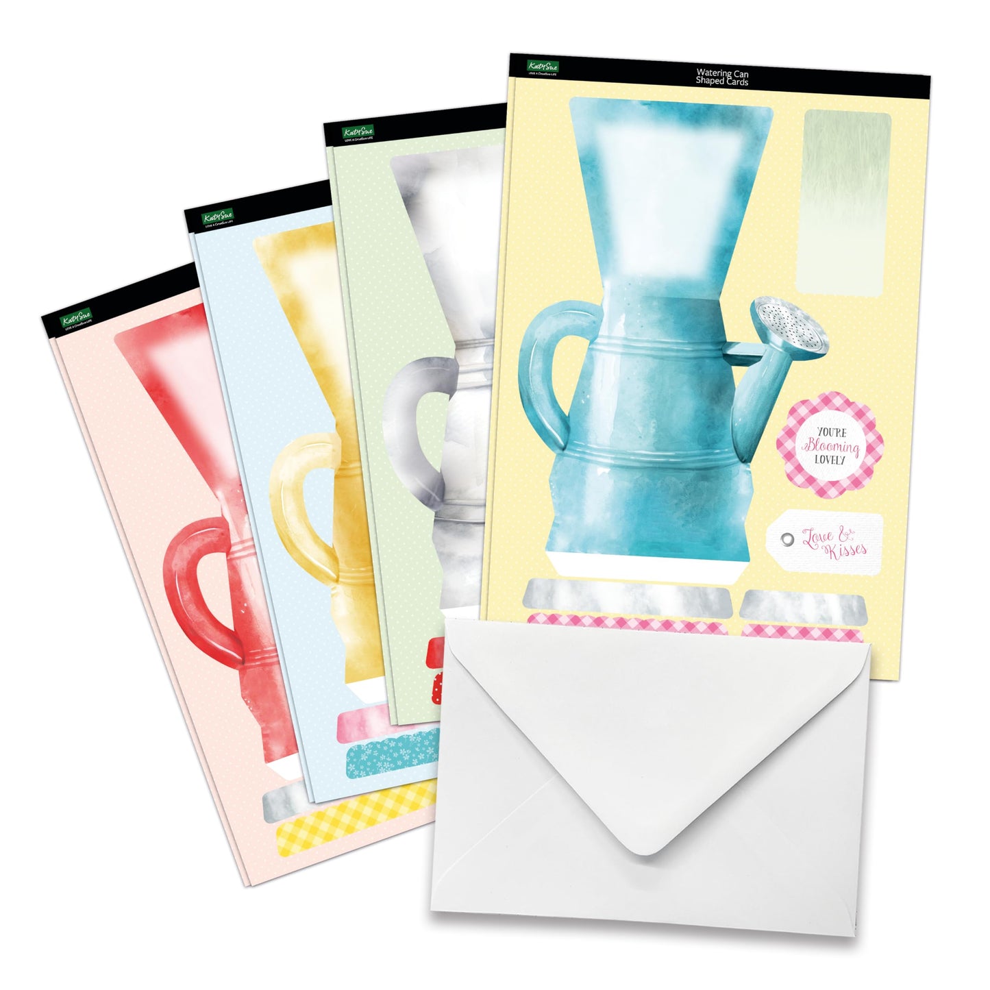 Katy Sue Watering Can Blossoms & Blooms Card Making Kit. 8 Shaped Cards, 3 Sheets of Floral Die Cut Decoupage, 8 Envelopes, Adhesive Foam Pads, & Instructions. For Card Making Supplies & Card Crafting