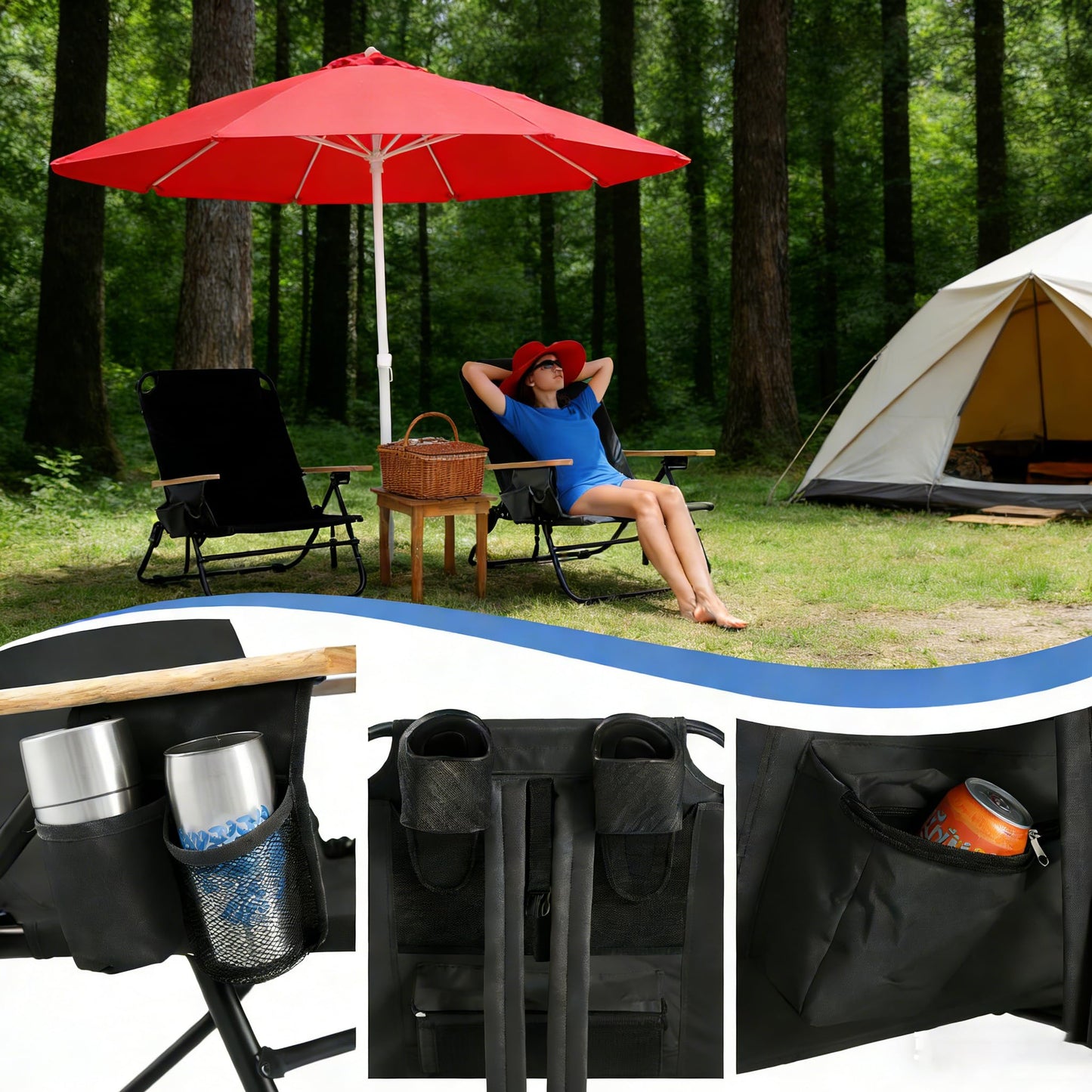 Canpsky Premium Portable Camping Chair 5-Position Recliner Beach Folding Lightweight Outdoor Chair with Wooden Armrests, Headrest, Multi-Pockets Heavy Duty 350lbs, for Patio, Backyard, Night Black