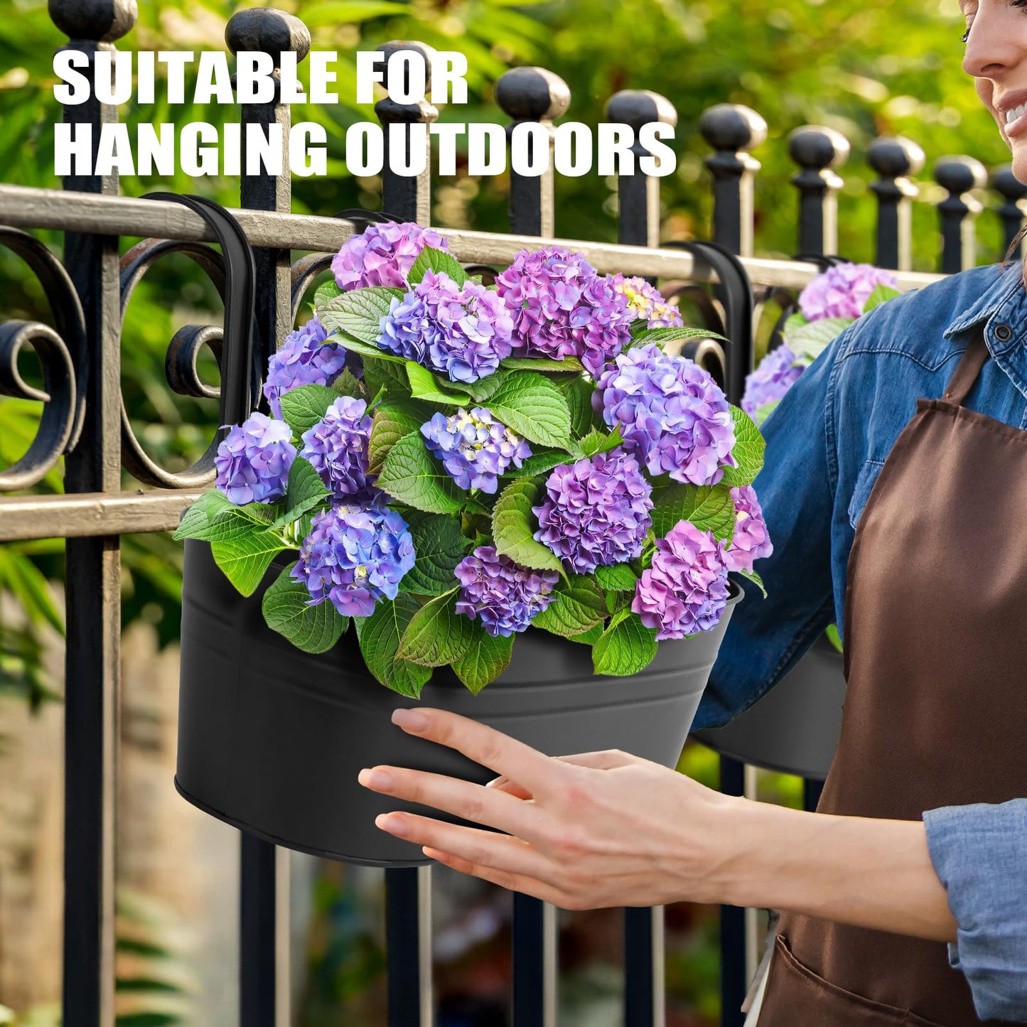 Zishine 15.7 Inch Metal Iron Hanging Flower Pots 3 Pcs Iron Railing Fence Planter with Drainage Holes and Hooks Metal Hanging Bucket Pots for Porch Railing Balcony Fence(Black) (3, Black)