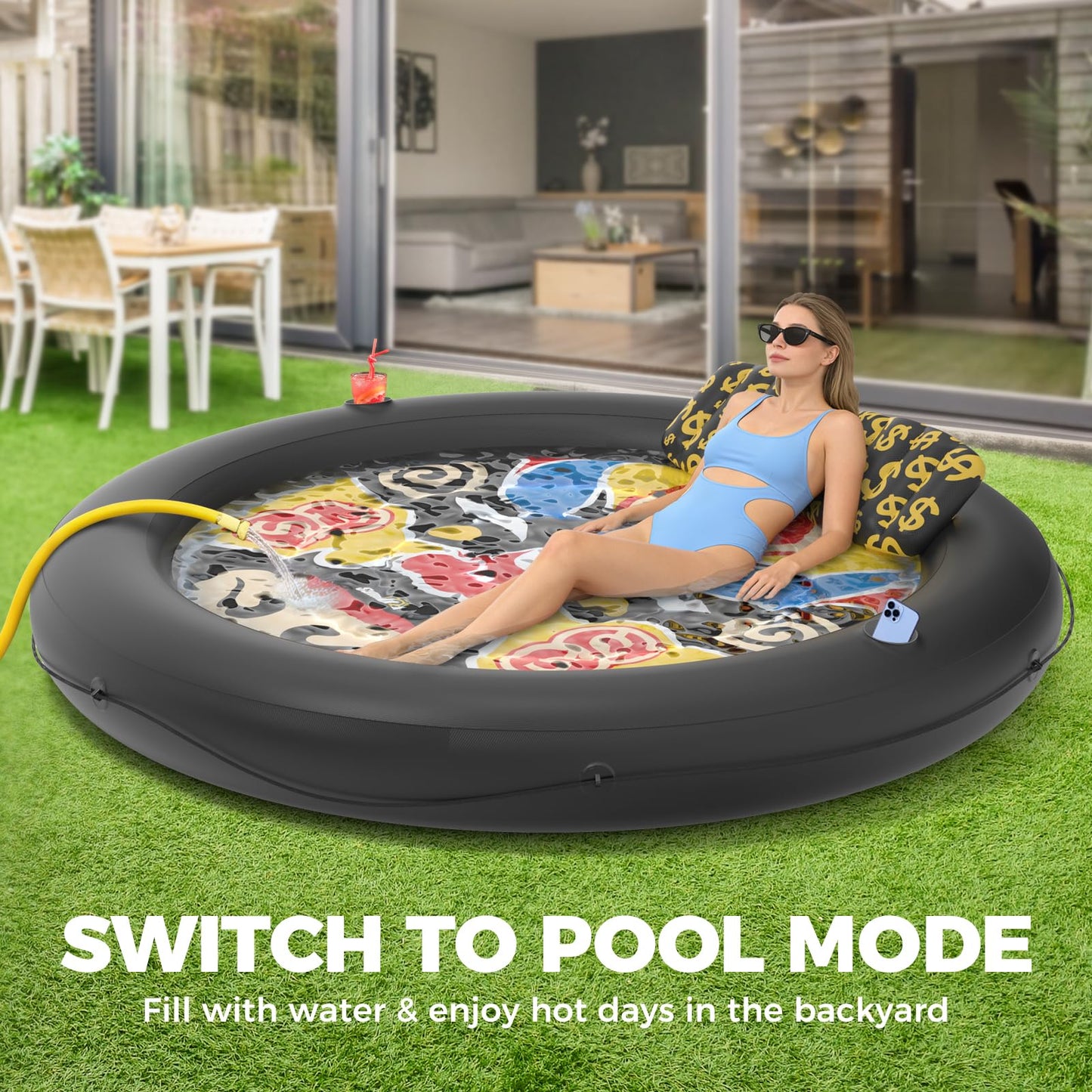 Sunikko X 73"x73" Inflatable Tanning Pool Floats Lounger Bed for Adults, Lucky Design XL Round Blow Up Pool Raft with Cup Holders, Pillow, 500lb, Sunbathing, Pool, Beach, Lake, Backyard Party