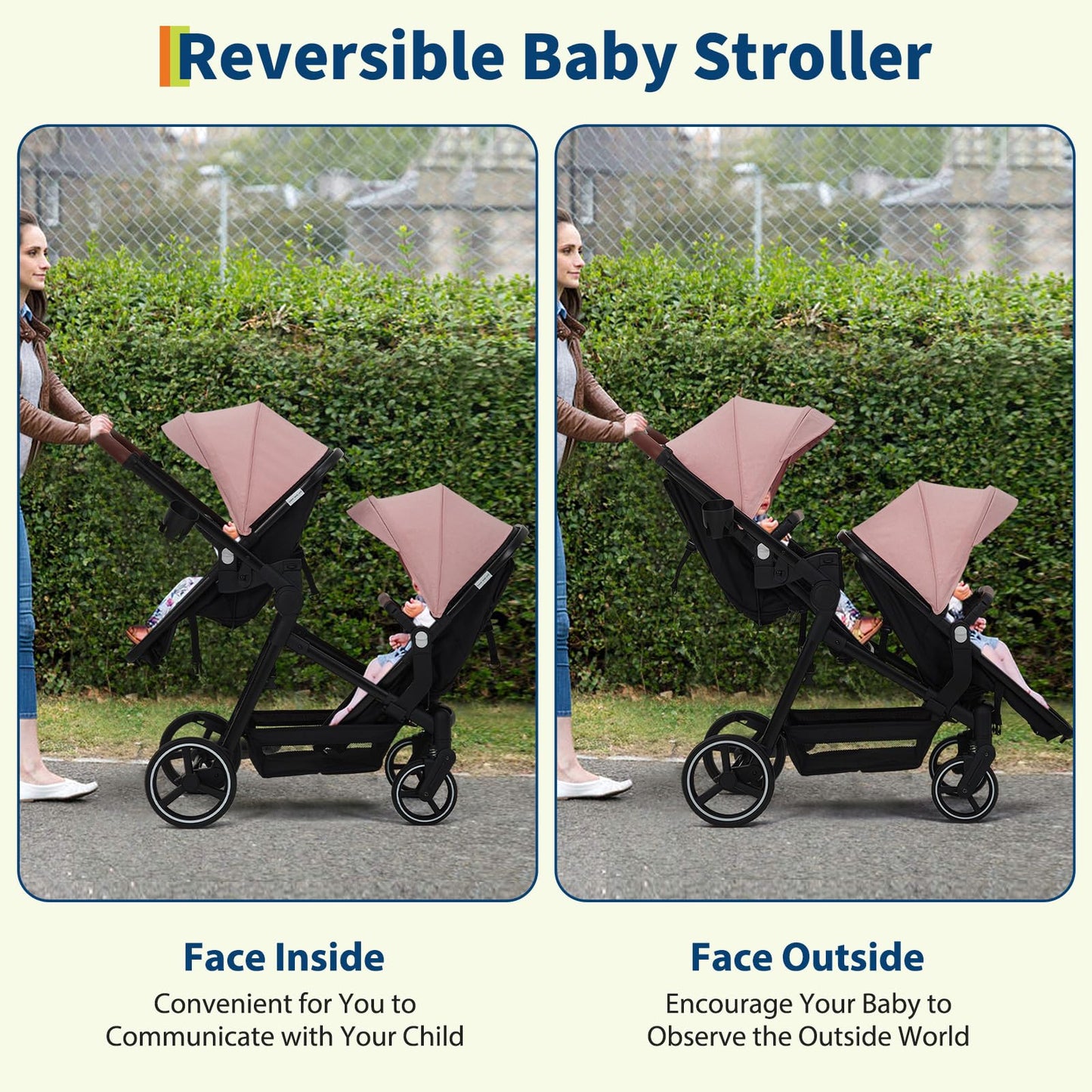 Double Tandem Stroller for Newborn & Toddler – Foldable Twin Pushchair with Reversible Seat, 5-Point Safety Harness, Adjustable Backrest & Canopy, Storage Basket