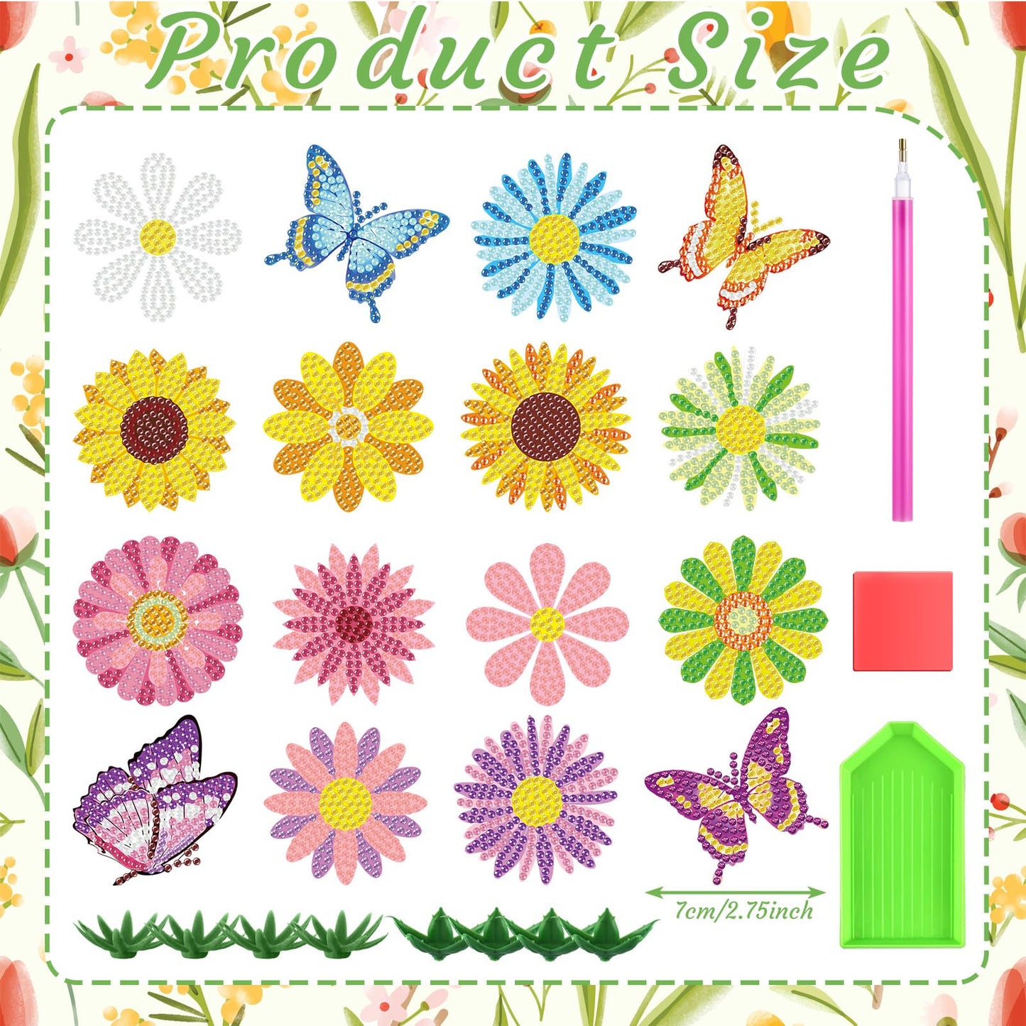 Copkim 16 Pcs Flower Butterfly Diamond Art Kits for Adults Bunch of Flower Butterfly DIY Vase Filler Ornament Table Decor Small Diamond Craft Gift for Festival Garden Decoration