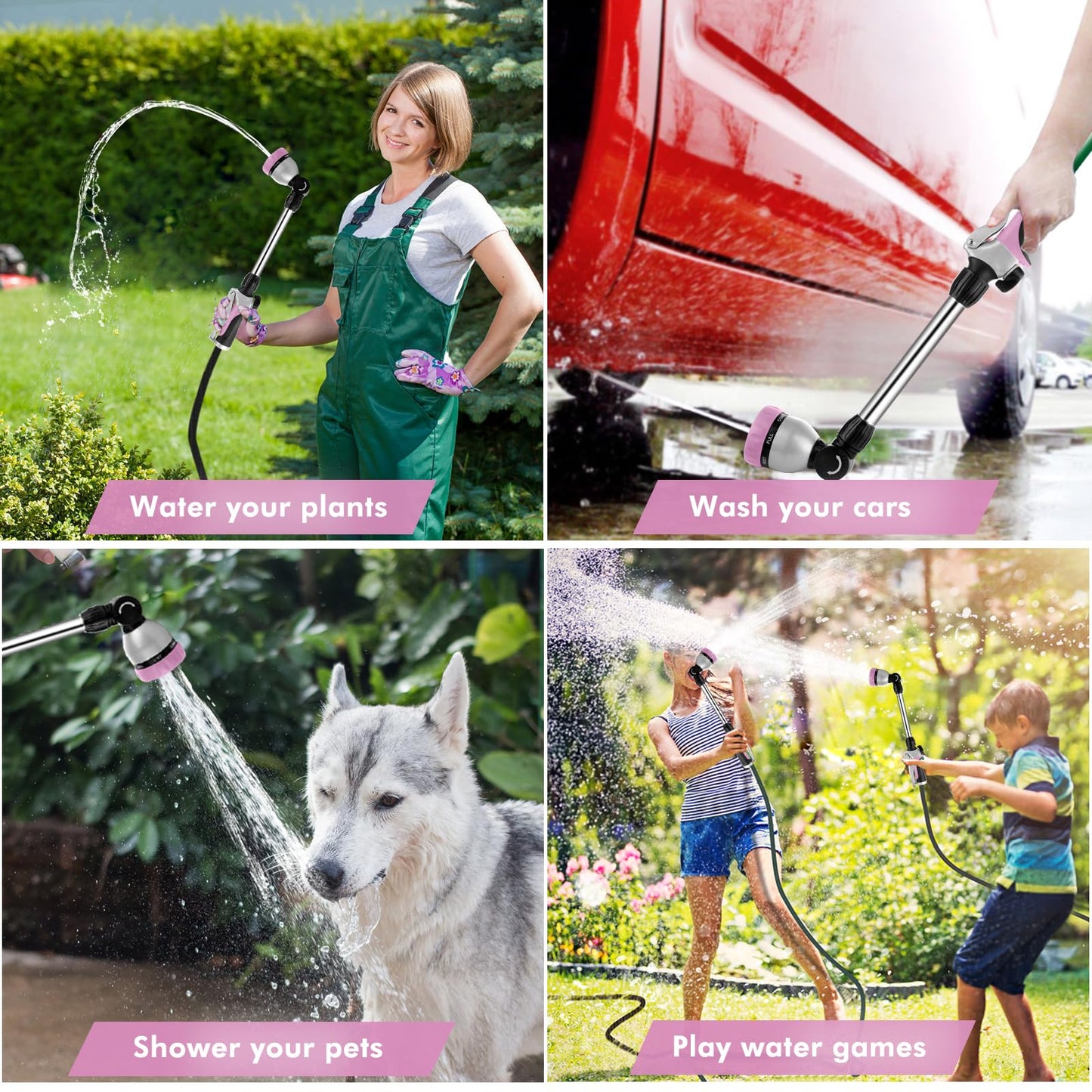 RESTMO Metal Watering Wand, Heavy Duty Garden Hose Wand with 180° Swivel Ratcheting Head, 16'' Hose Nozzle Sprayer with 7 Spray Patterns and Flow Control, for Water Hanging Baskets and Shrubs, Pink