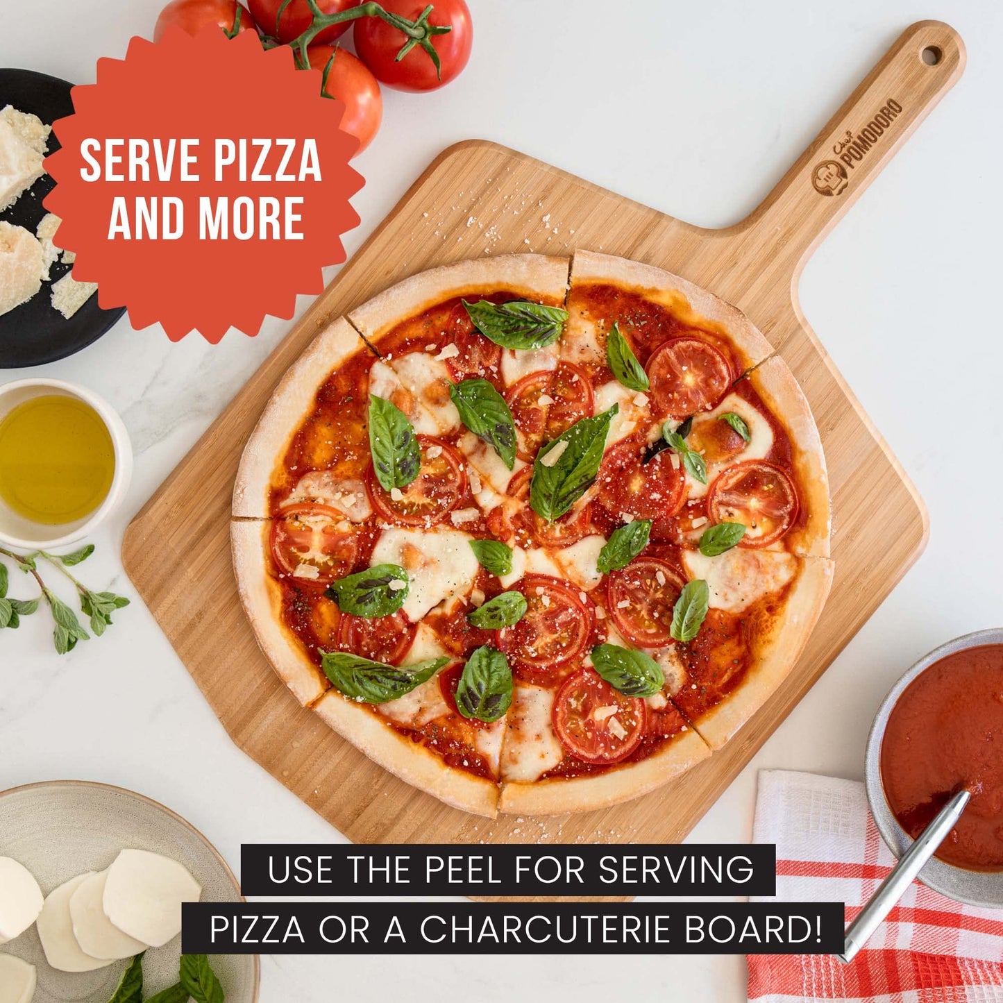 Chef Pomodoro Wooden Pizza Peel 14 inch, Homemade Wood Pizza Paddle, Board with with Handle, Indoor and Outdoor Oven Accessories, Spatula Gourmet Prep Shovel for Launching and Serving Pies and Bread