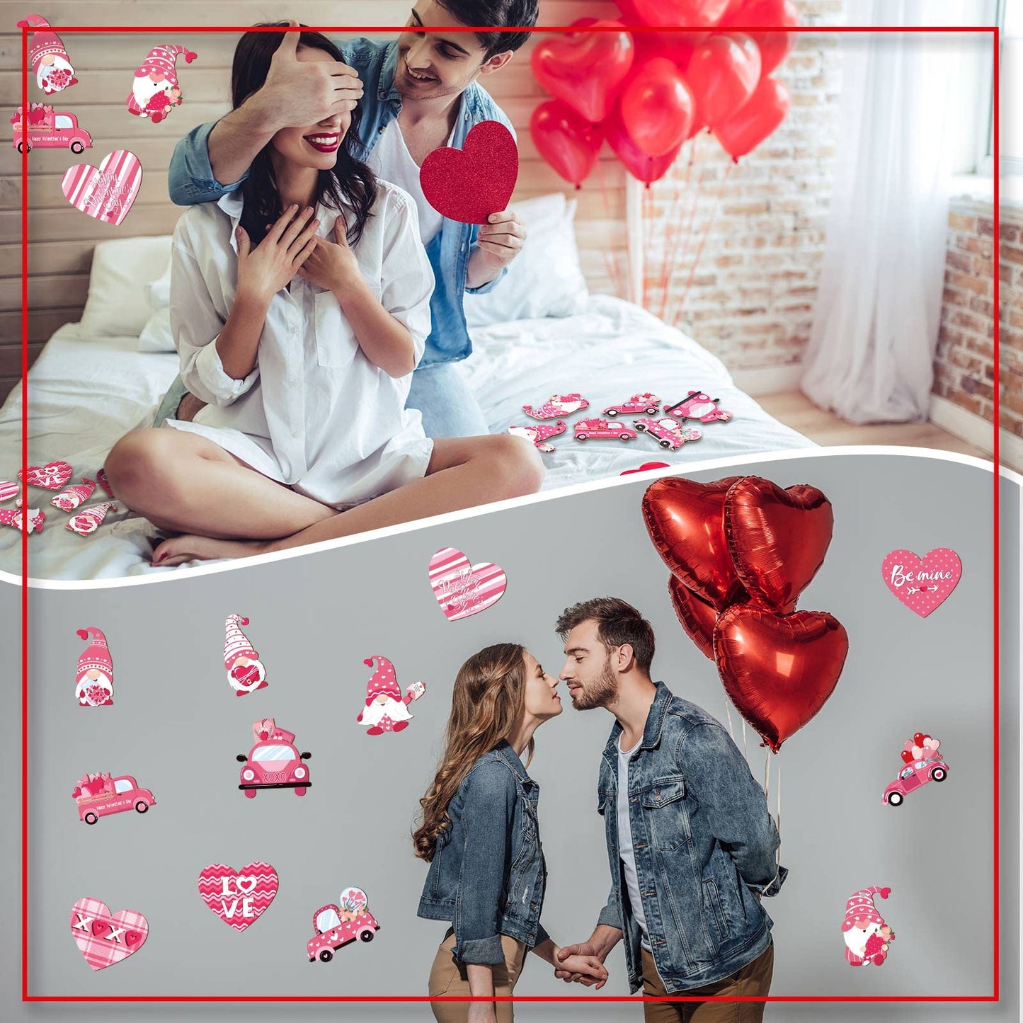 Qunclay 36 Pcs Valentine's Ornaments Valentines Wooden Hanging Gnome Ornaments Pink Romantic Wall Decor Pink Truck Decoration Pickup Truck Decoration for Anniversary