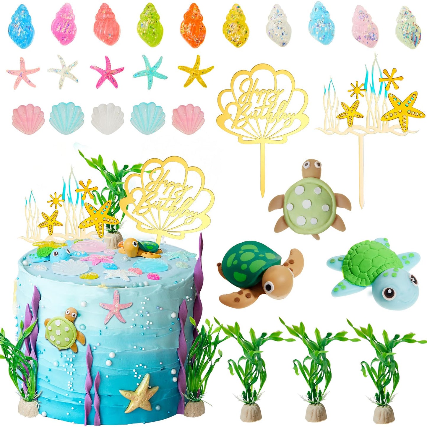 Taiyin 28 Pieces Under the Sea Cake Decorations Turtle Birthday Decoration Turtle Cake Topper Seashell Topper ocean Conch Seashells Decorations for Under the Sea Themed Birthday Party Supplies