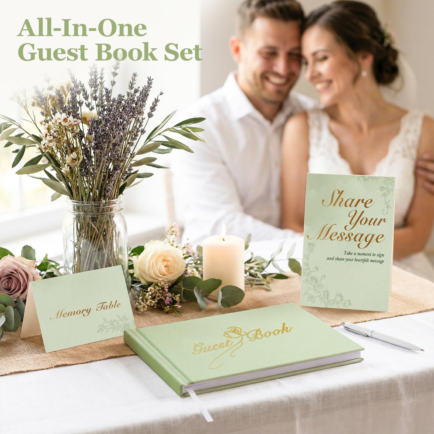 Guest Book for All Occasions – Sage Green Linen Hardcover with Gold Foil, 120 Acid-Free Blank Pages, Includes Table Sign & Welcome Card | 8.66x6.69" Sign-In Book for Wedding, Garden Party & More
