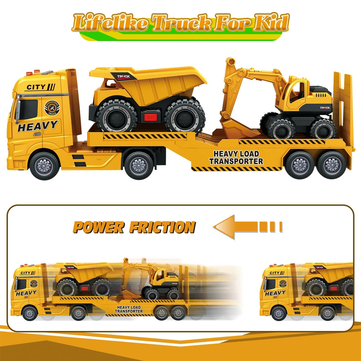 lonfypeng 3-in-1 Construction Truck Toy for Ages 3-6 – 25.6 Inch Extra-Large Semi-Truck with Lights & Sounds, Detachable Excavator and Light & Sound Dump Truck, Inertia Vehicle Set