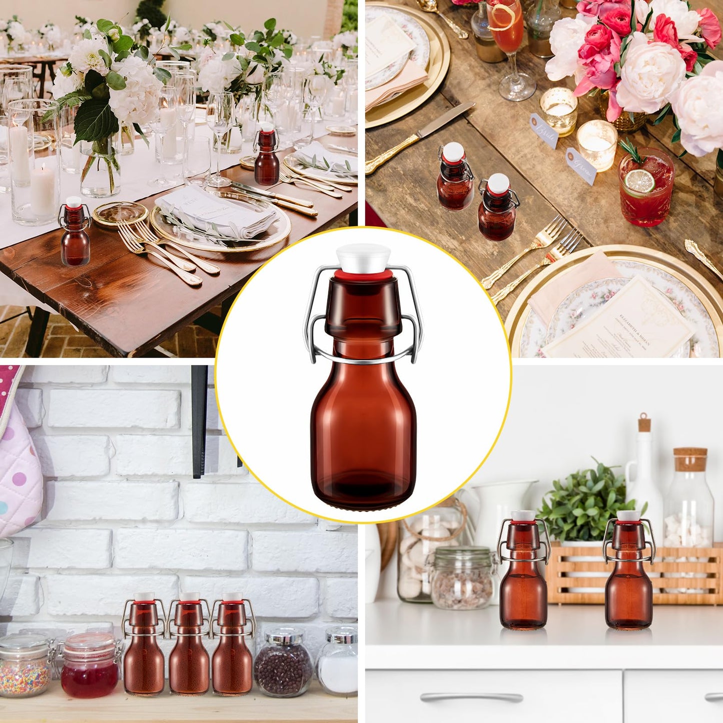 Tessco 24 Pcs Mini Swing Top Glass Bottles with Stoppers Small Flip Top Bottles with Airtight Lids for Crafts Decoration Wedding Themed Party Favors(2 oz,Amber)
