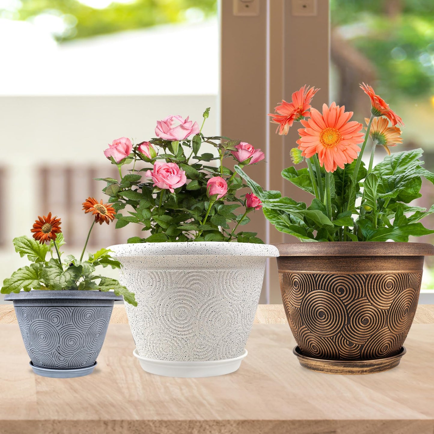 Fodetyff 10 Inch Flower Pots Planters for Indoor Outdoor Plants, 3 Pack Plastic Large Plant Pots with Drainage Hole & Tray, Modern Decorative Garden Pot with Saucer, Plant Container for House