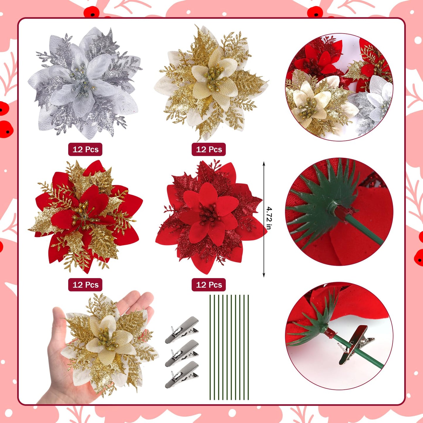48 Pcs Christmas Poinsettia Artificial Flowers with Clips 5.5" Christmas Tree Wreaths Garland Decoration Glitter Flowers Picks Decor with Stems for DIY Xmas Wreath New Year Holiday Home Party Decor