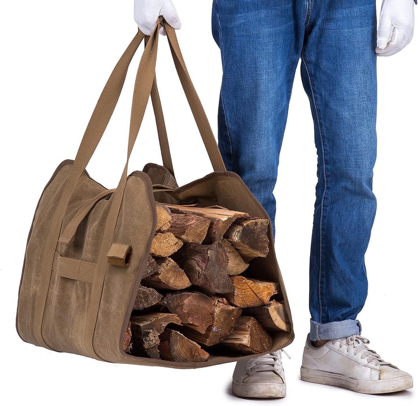 Geisofu Firewood Carrier, Waxed Canvas Bag, Heavy Duty Tote Bag for Logs, Wood Carrying, Fireplace Carrier for Wood Stove Accessories, Log In Firewood Carrier Holder