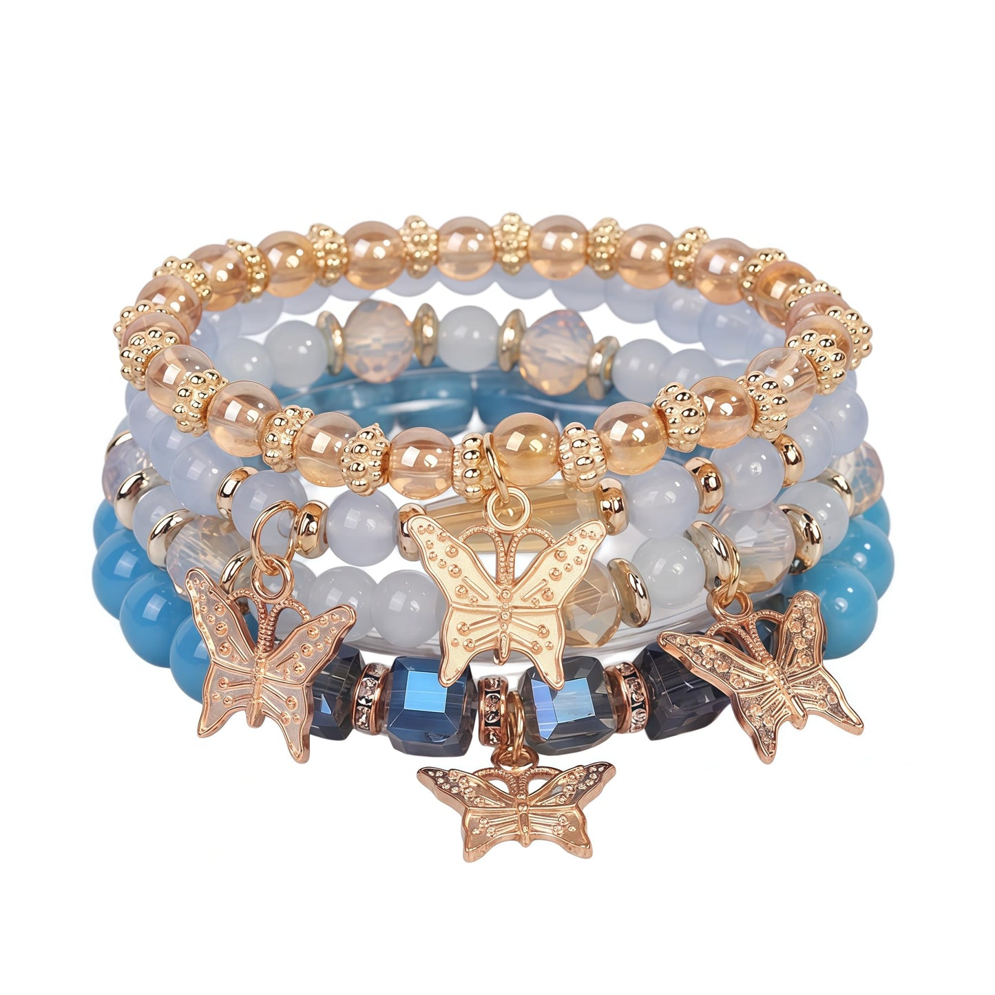 LOTSOF Boho Flower Beaded Bracelet Set for Women - Multilayer Crystal & Flower Charm Stackable Bracelets, Fashion Jewelry Gift for Her (Blue Butterfly)