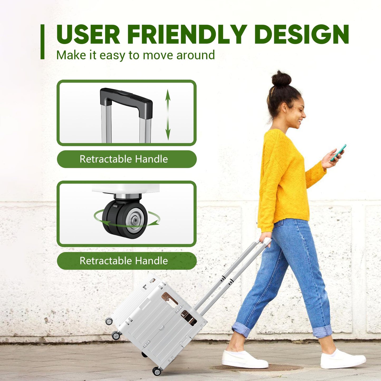 Dkenicor Folding Utility Cart, Portable Rolling Crate Handcart Collapsible Shopping Trolley with Lid, Foldable Tool Box Basket with 4 Rotate Wheels for Grocery, Office, Luggage, School - White