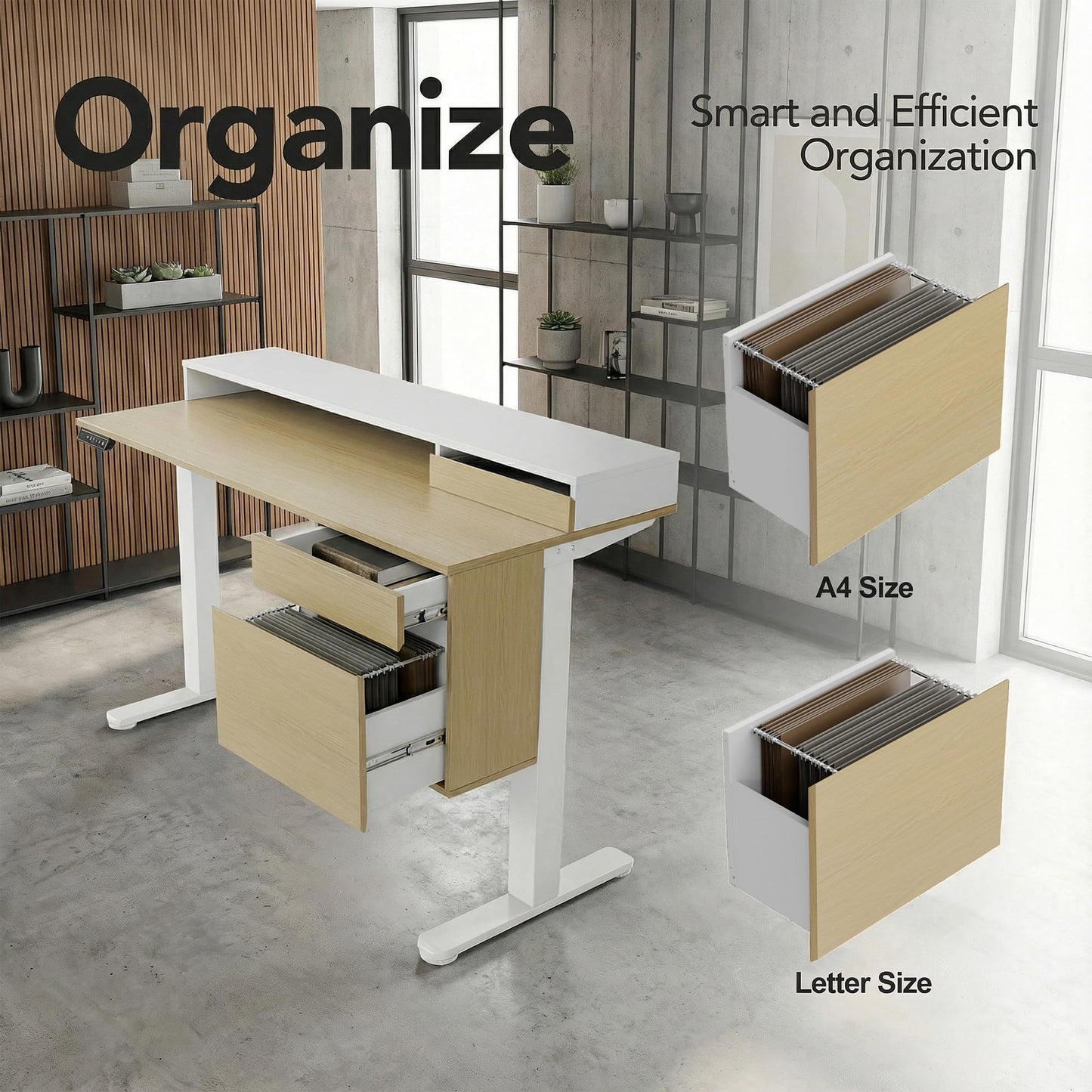 ErGear Electric 47 inch Standing Desk with Drawers and File Cabinet, Adjustable Stand up Desk with Storage, Ergonomic Sit Stand up Table Compatible Monitor Stand, Light Walnut