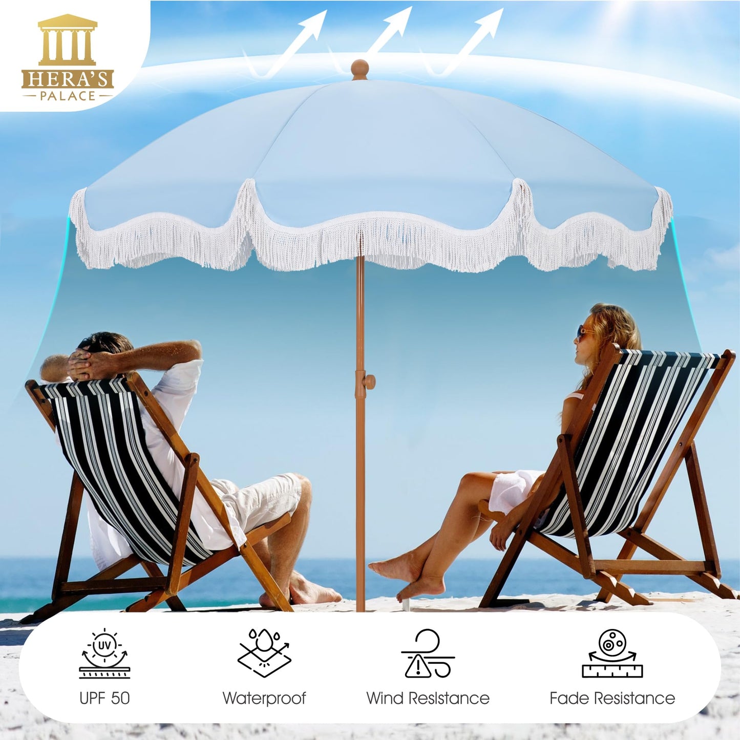 HERA'S PALACE 7 ft Heavy Duty Beach Umbrella with Sand Anchor, Fringe Umbrella for Sand, UV 50+, Patio Umbrella with Tilt Pole for Garden Pool Backyard