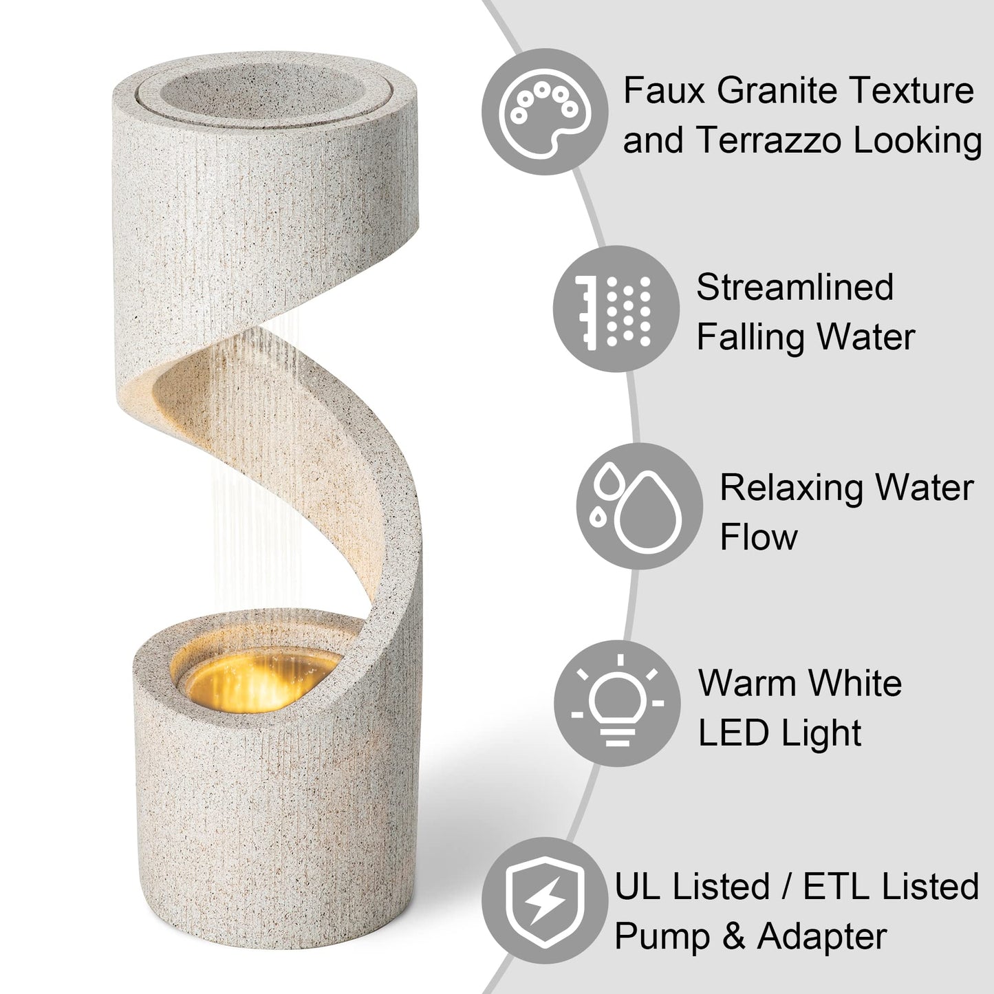 Glitzhome Outdoor Water Fountain with LED Light, Modren Curved Waterfall Fountain with Stone Planter, Faux Terrazzo Spiral Shaped Outdoor Fountains Water Feature for Garden Patio Deck Porch, 40.25”H