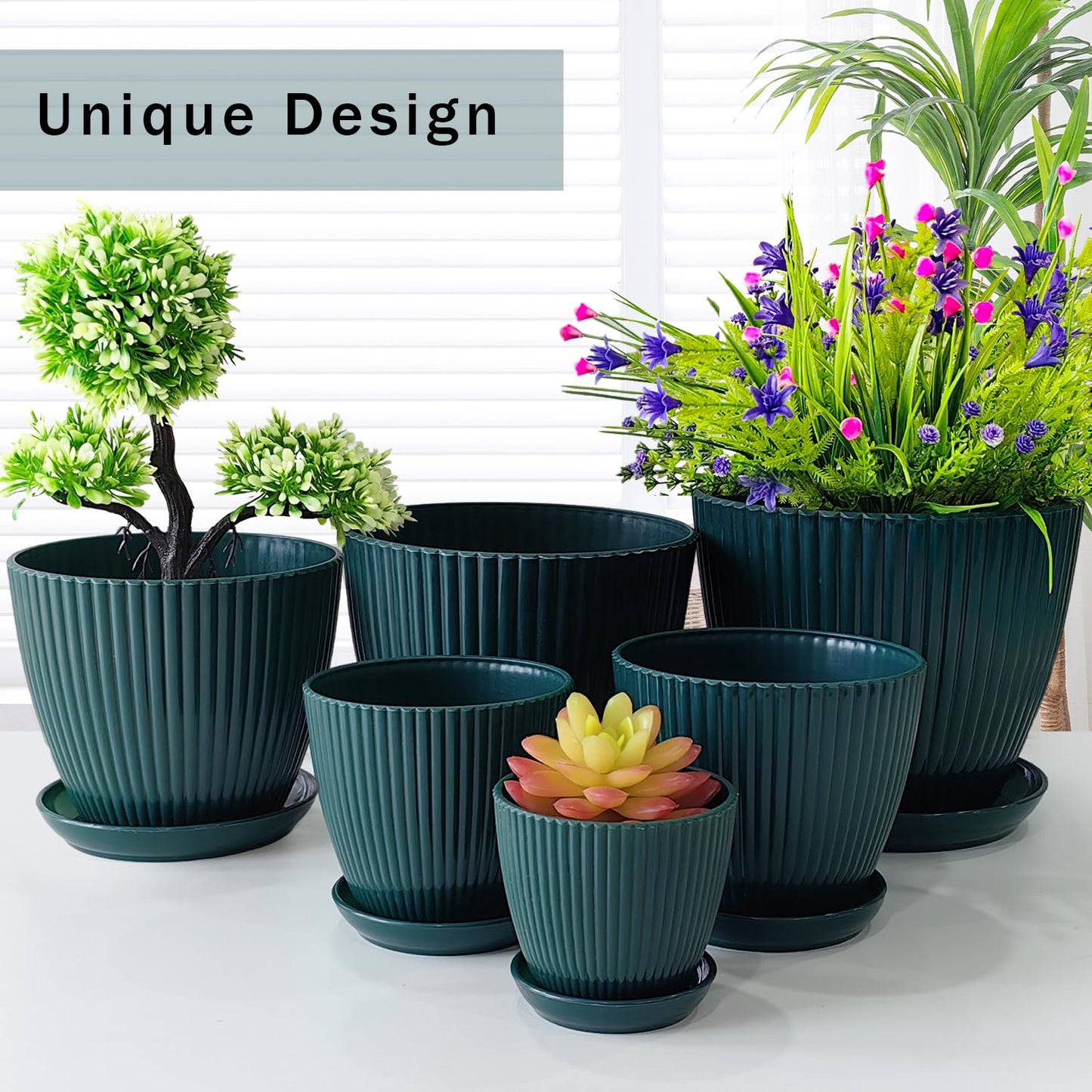 RooTrimmer 7.5/6.5/5.5/4.9/4.2/3.5 Inch Plant Pots with Saucers & Drain Holes - Indoor/Outdoor Flower Pots for Succulents, Herbs, Cactus - Modern Lightweight Durable Planter Set, Dark Green