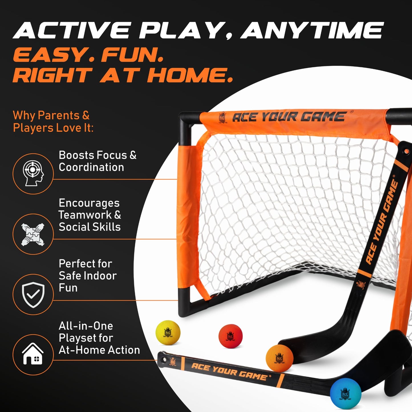 ACE HOCKEY - Shinny Hockey Set - Complete 2-Player Indoor/Outdoor Kit - Knee Hockey Goal Set (1) Goal, (2) Mini Sticks, and (4) Foam Balls - Mini Hockey Set