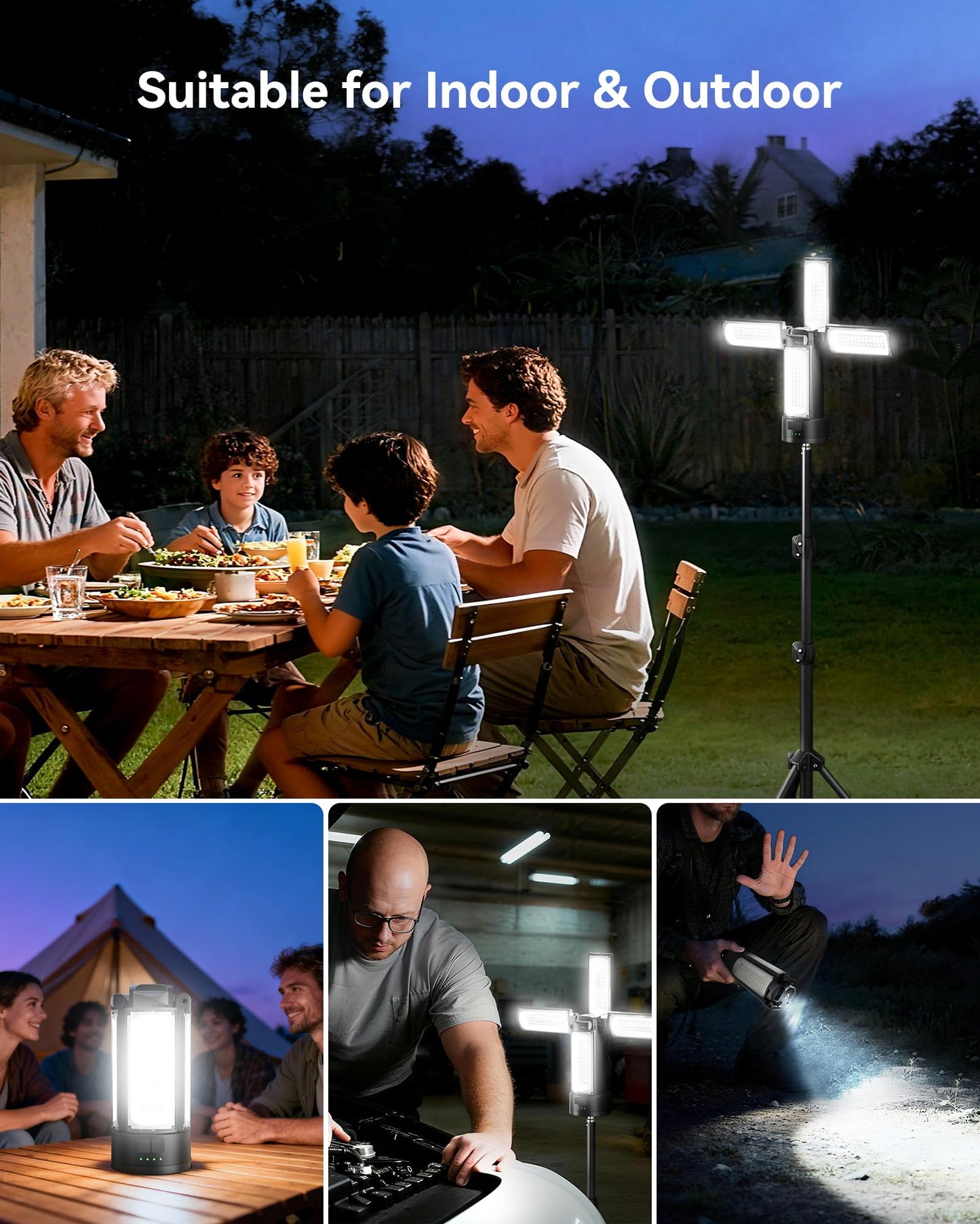 CORESLUX Rechargeable Camping Lights with Stand, 6000K Portable Work Light, 4 LED Lamp Heads Magnetic Flashlight with Detachable Tripod Camping Essentials for Outdoor Work, Garage, Camping, Fishing