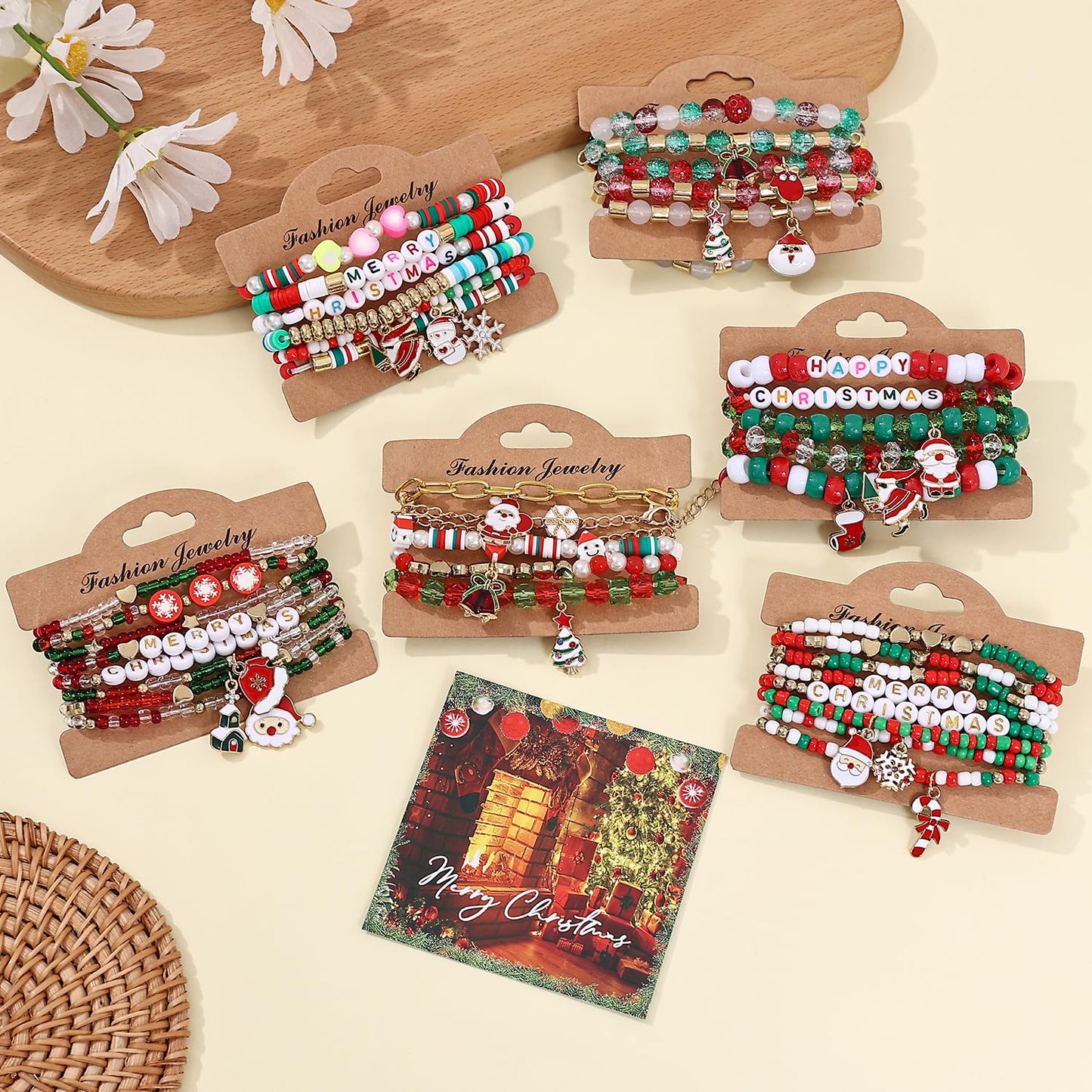 Cooluckday 36Pcs Christmas Bracelets Bulk Christmas Gifts for Women Friendship Bracelets Xmas Snowflake Snowman Bell Santa Claus Bracelets Stretch Bracelets as Party Gifts Bag Filler